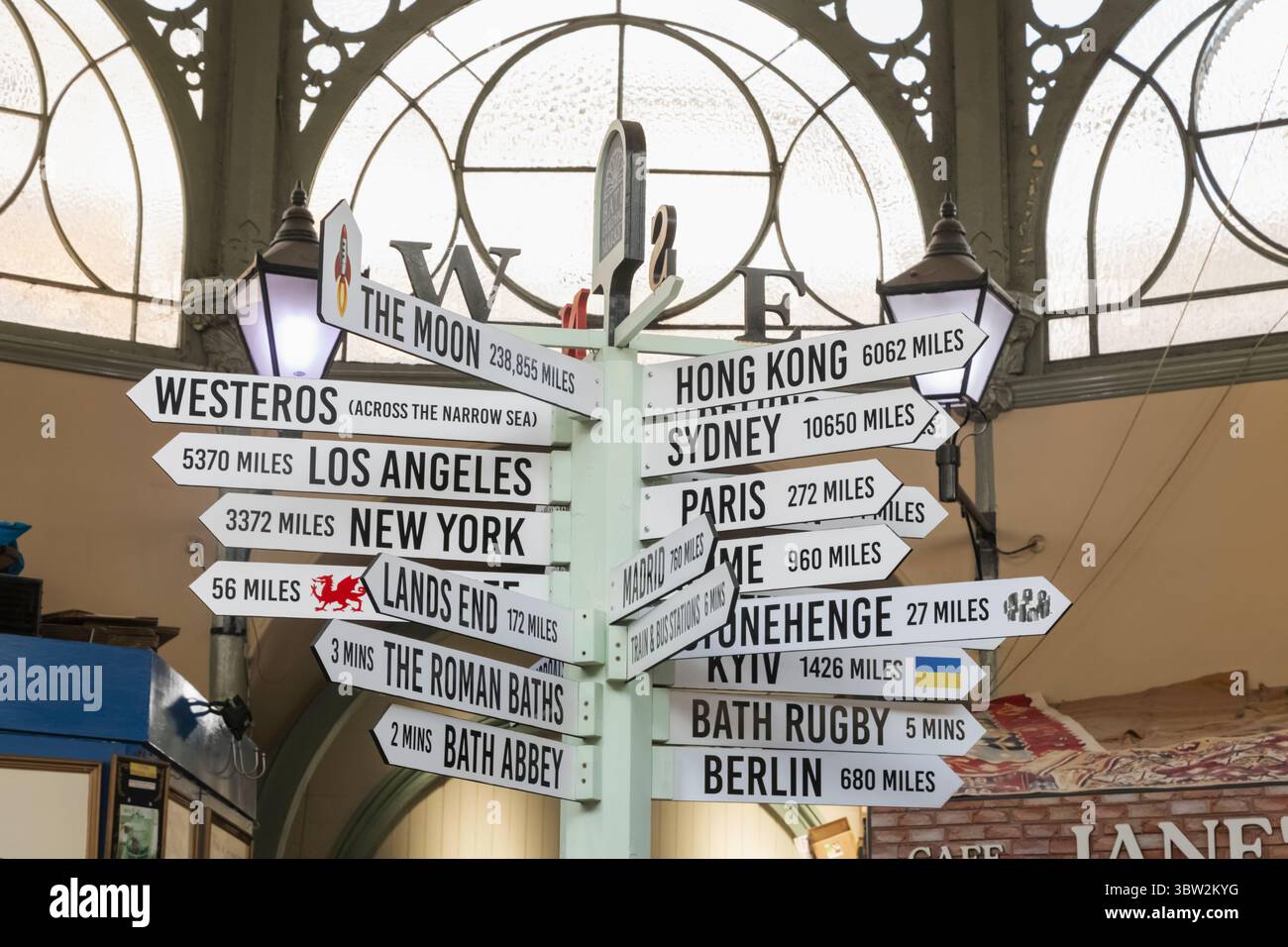 England, Somerset, Bath, The Historic Guildhall Market, Signpost che mostra diverse destinazioni Foto Stock