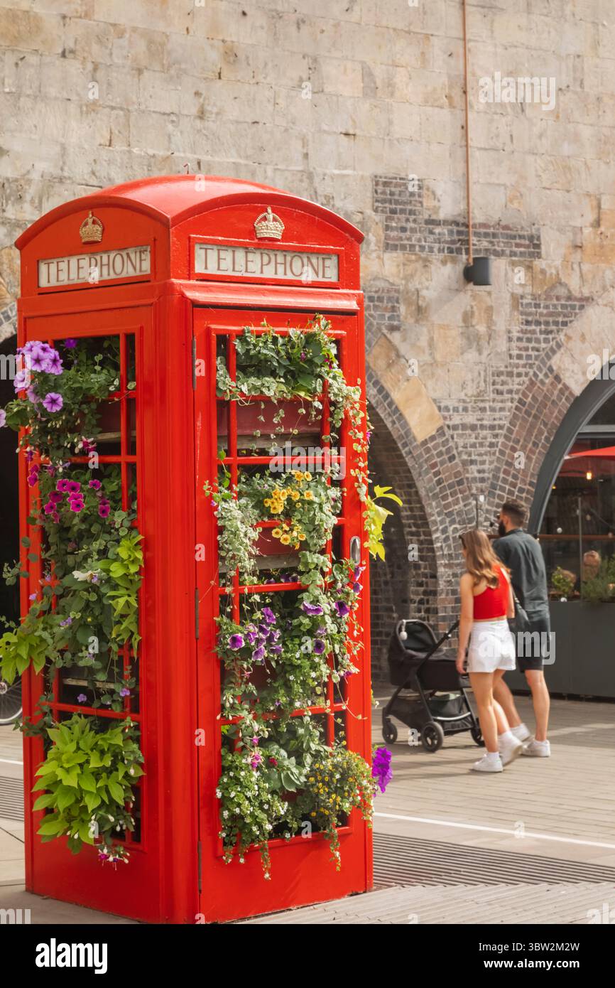 Inghilterra, Somerset, Bath, telefono rosso tradizionale usato da Dis convertito in colorato display a fiori Foto Stock