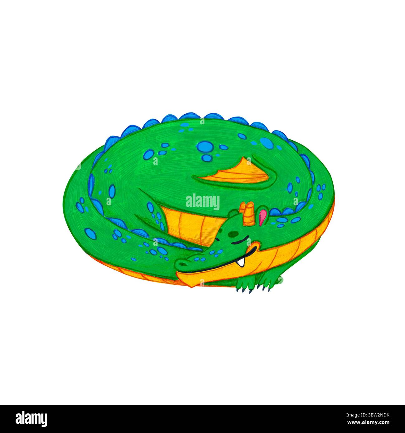 Un piccolo drago verde dorme su uno sfondo bianco. Illustrazione ad acquerello di una bestia fantastica, da una fiaba e da una leggenda. Perfetto per bambini Foto Stock