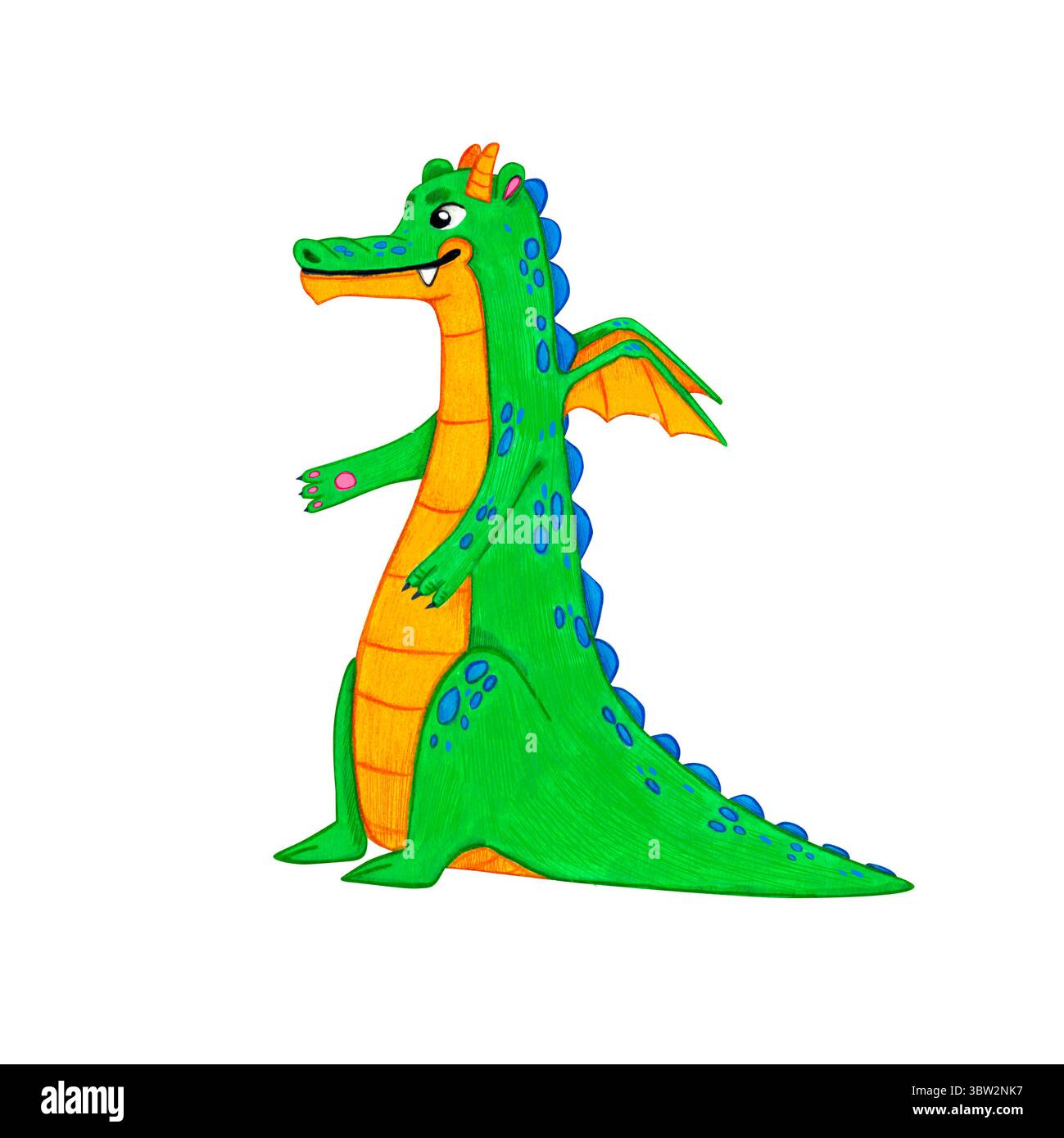 Un drago verde a tutta lunghezza su sfondo bianco. Illustrazione ad acquerello di una bestia fantastica, da una fiaba e da una leggenda. Perfetto per bambini Foto Stock