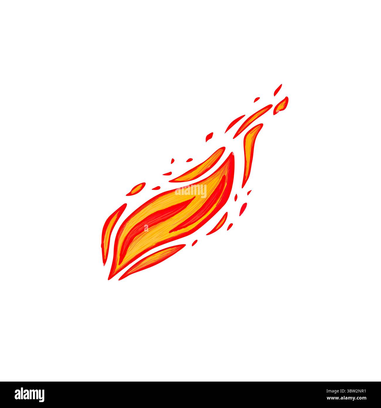 Fiamma brillante su sfondo bianco. Illustrazione ad acquerello del fuoco in stile cartoni animati. Il Medioevo, la fiamma del drago. È adatto per la fantasia Foto Stock