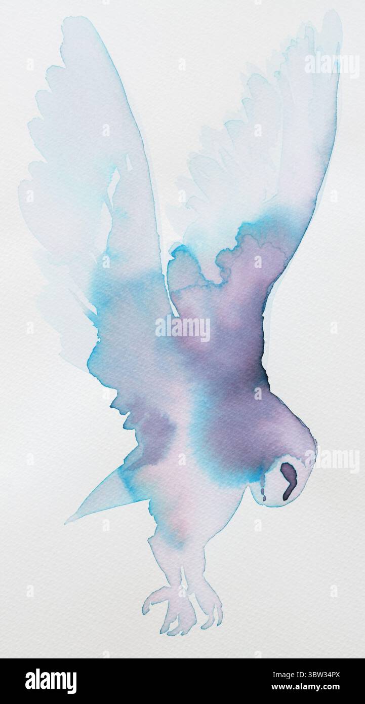 Gufo maestoso a metà volo con morbide tonalità di inchiostro acquerello Foto Stock