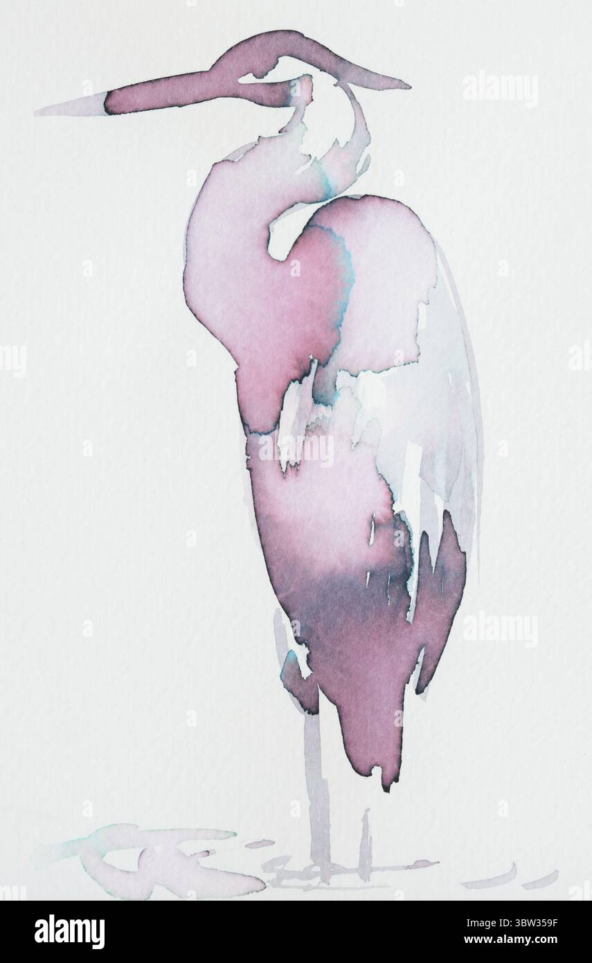 Heron raffigurato in toni di inchiostro tenui che mostrano delicata arte e tranquillità Foto Stock