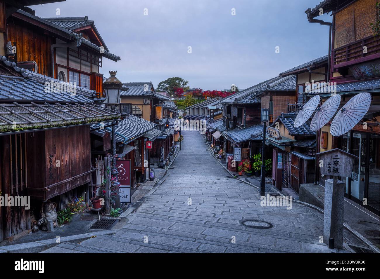 La vista di una pittoresca strada acciottolata fiancheggiata da tradizionali edifici in legno sotto un cielo morbido evoca un senso di storia serena, Kyoto, Giappone. Foto Stock