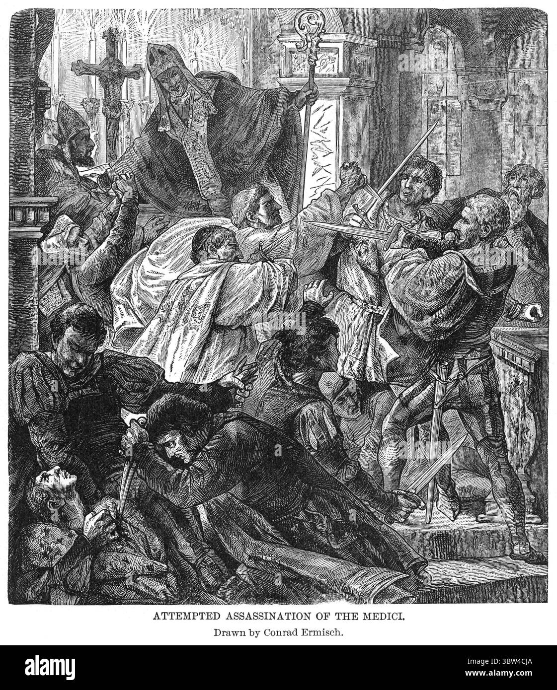 28 aprile 2020: Tentato assassinio dei Medici, disegnato da Conrad Ermisch, illustrazione, storia del mondo di Ridpath, volume III, di John Clark Ridpath, LL. D., Merrill & Baker Publishers, New York, 1897 (immagine di credito: © JT Vintage/Glasshouse via ZUMA Wire) Foto Stock