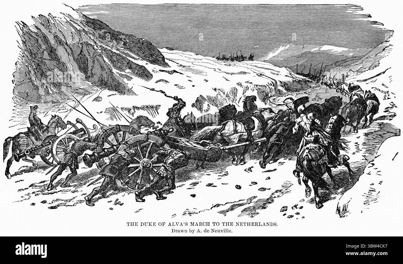 30 aprile 2020: La marcia verso i Paesi Bassi del Duca d'Alva, disegnata da A. de Neuville, illustrazione, storia del mondo di Ridpath, volume III, di John Clark Ridpath, LL. D., Merrill & Baker Publishers, New York, 1897 (immagine di credito: © JT Vintage/Glasshouse via ZUMA Wire) Foto Stock