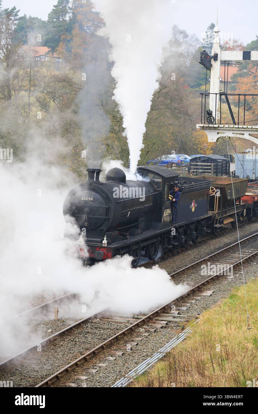 North Yorkshire Moors Railway, NYMR, Moorlander, P3 65894 che si getta alla stazione di Goathland. Foto Stock