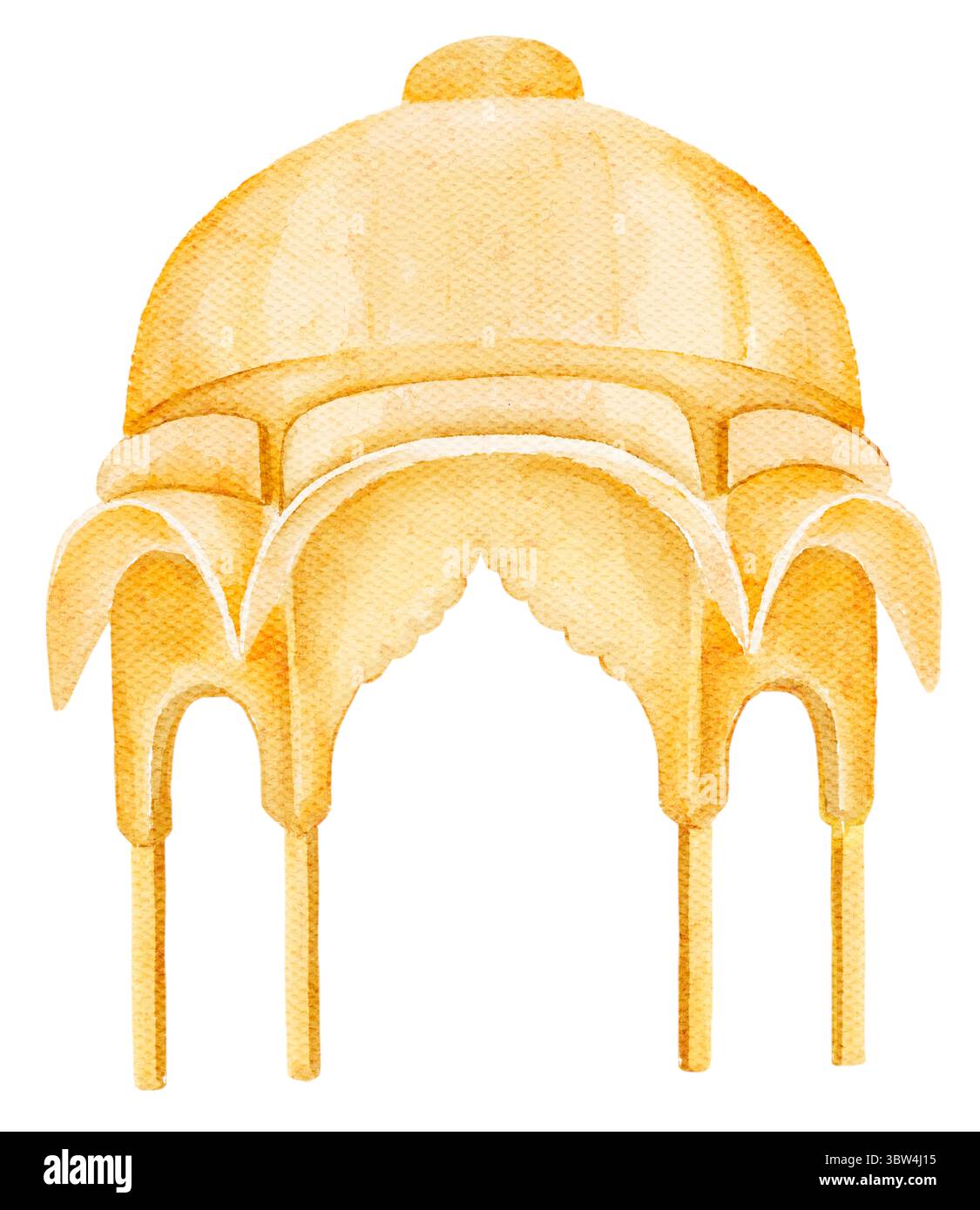 La cupola del tempio fantasy giallo dorato si ispira all'architettura indiana. Elemento acquerello per progetti culturali, temi per matrimoni, set digitali decorativi A. Foto Stock