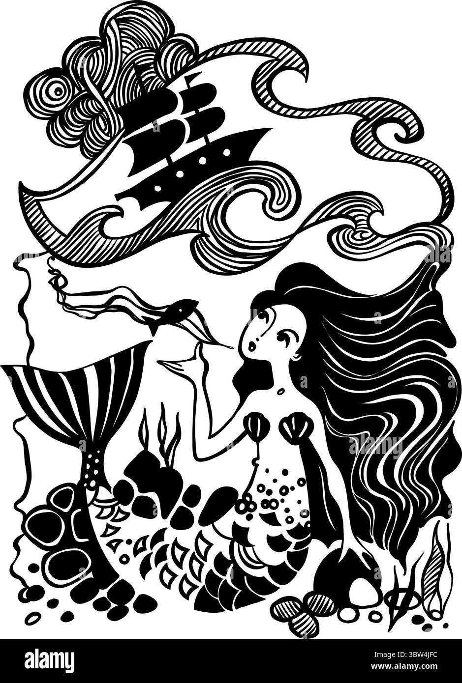 Fantasy Mermaid e Stormy Sea Illustration Illustrazione Vettoriale