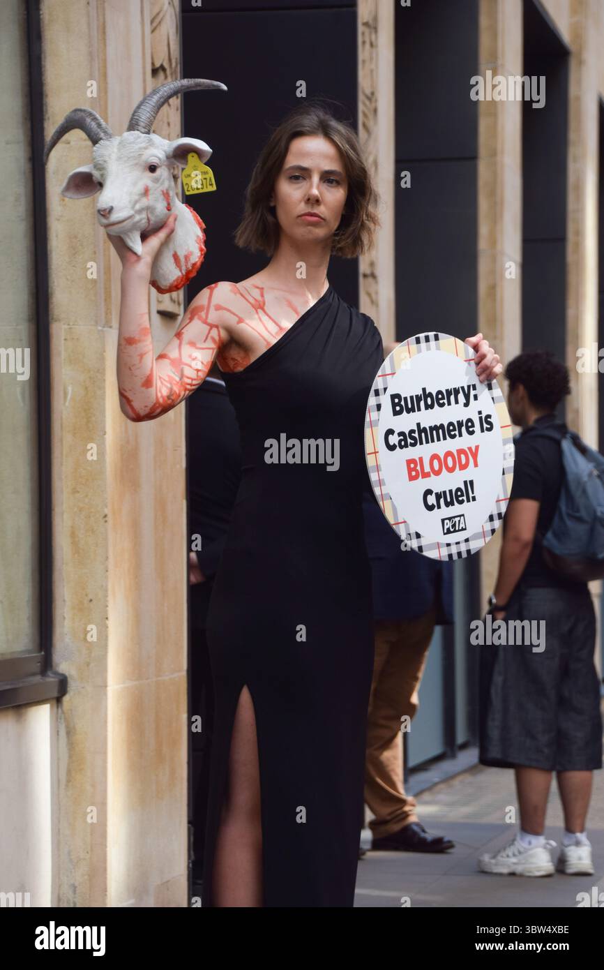 Londra, Regno Unito. 16 luglio 2025. Un attivista della PETA si erge con una "testa di capra recisa" artificiale e un cartello che dice "il cashmere è crudele" fuori dalla sede di Burberry a Horseferry House mentre il gruppo della moda tiene la sua Assemblea generale annuale (AGM). L'azione fa parte della campagna in corso del gruppo per i diritti degli animali che chiede a Burberry di eliminare il cashmere dai suoi prodotti e di utilizzare invece tessuti vegani. Crediti: Vuk Valcic/Alamy Live News Foto Stock