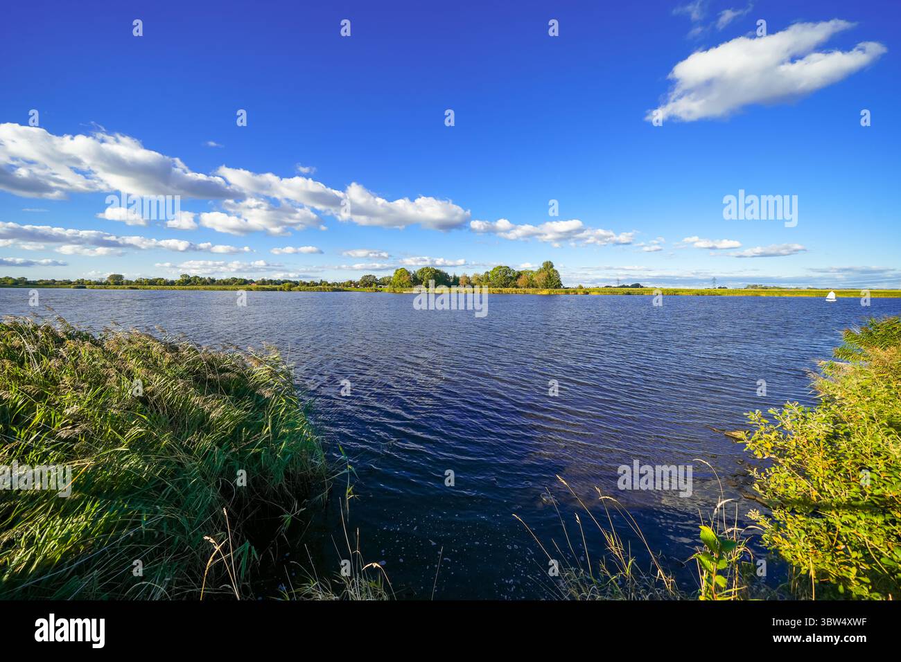 Vista dell'acqua e del paesaggio circostante a Friedrichstadt. Natura nella località climatica della Frisia settentrionale. Foto Stock