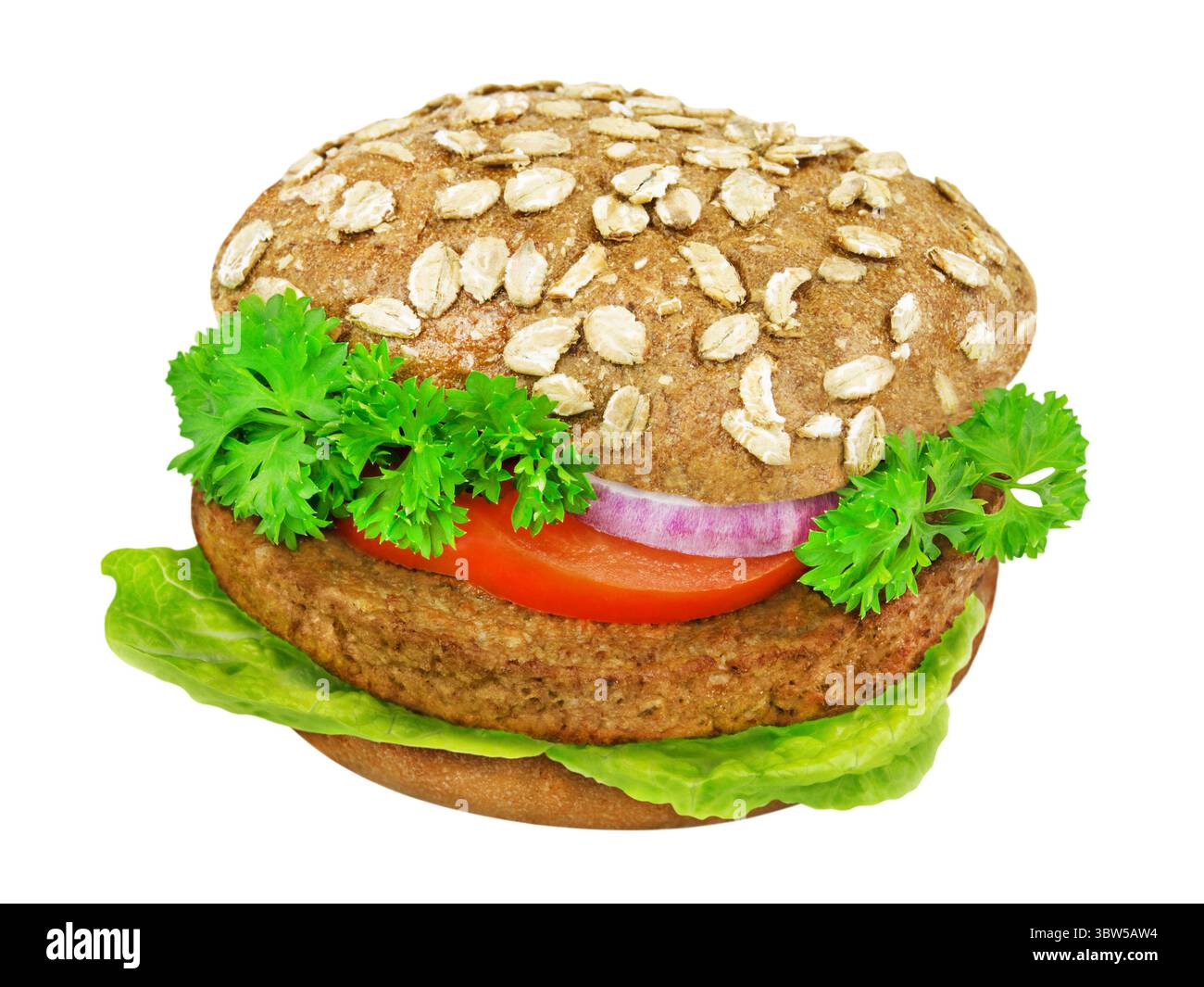 Burger vegetariano con insalata e pomodoro isolato su sfondo bianco Foto Stock
