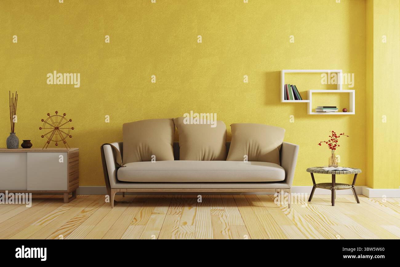 Soggiorno moderno con sfondo di colore giallo. Interni e architettura. 3D rendering dell'illustrazione Foto Stock