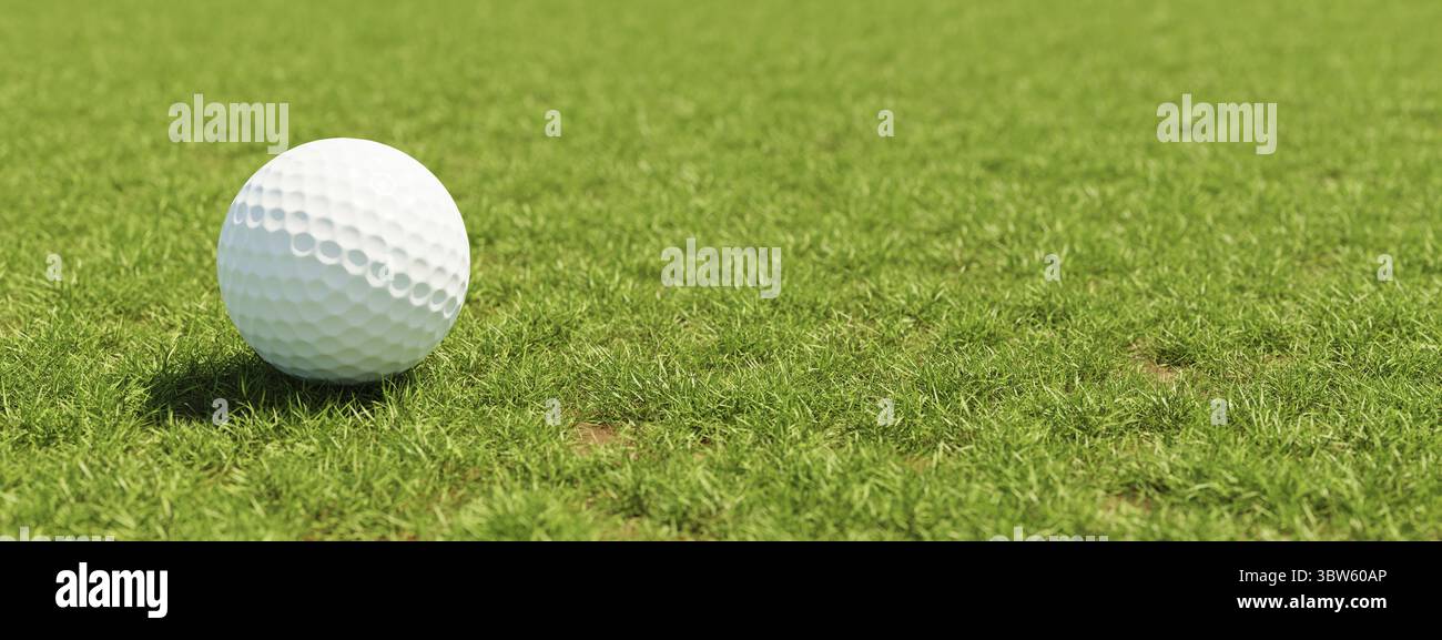 Palla da golf su erba in sfondo verde fairway. Sport e concetto di atletica. 3D rendering dell'illustrazione Foto Stock