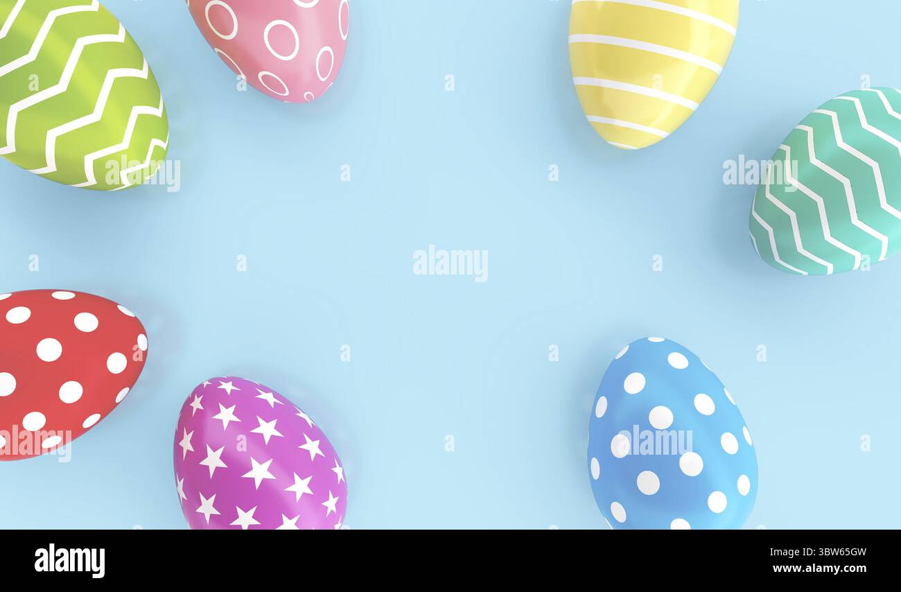 Vista superiore del dipinto colorate le uova di Pasqua su pavimenti blu sullo sfondo. Vacanza Festival e concetto. Stella di punto e linea pattern di fantasia arte. 3D illustratio Foto Stock
