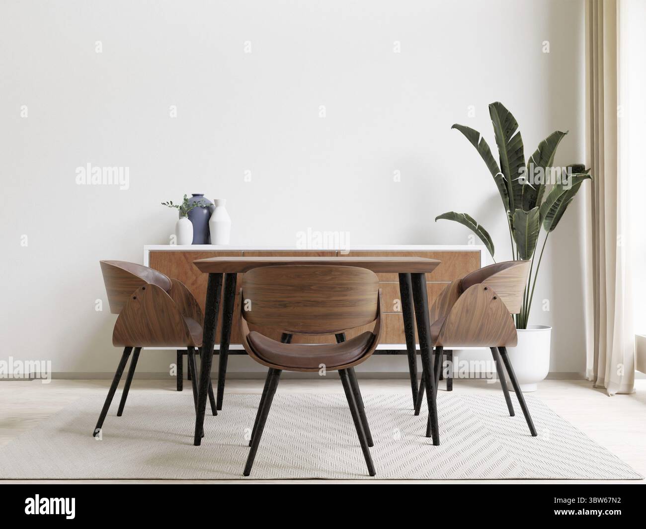 Sala da pranzo e cucina: Copia dello spazio su sfondo bianco, vista frontale, rendering 3D. Foto Stock