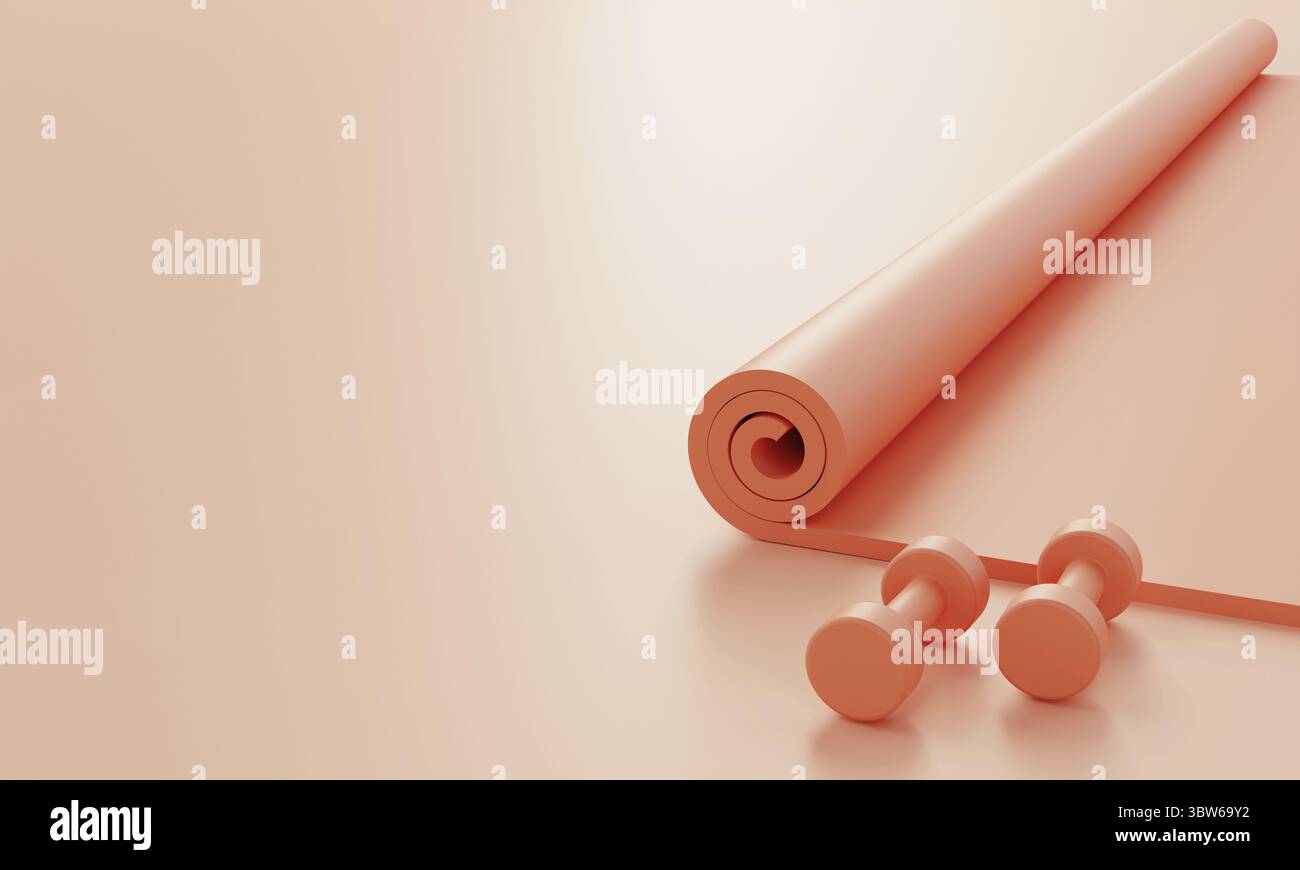 Set di accessori sportivi per il fitness con materassino yoga e manubri su sfondo rosa pastello. Fitness e sport concetto oggetto. Monocolore. Immagine 3D rend Foto Stock