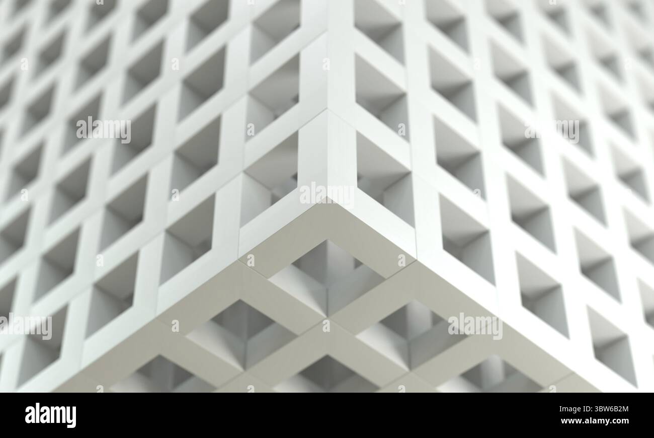 Casella mesh bianca con profondità di sfondo del campo. Concetto di sfondo astratto e creativo. Mettere a fuoco l'angolo. Disegno grafico di rendering con illustrazione 3D Foto Stock