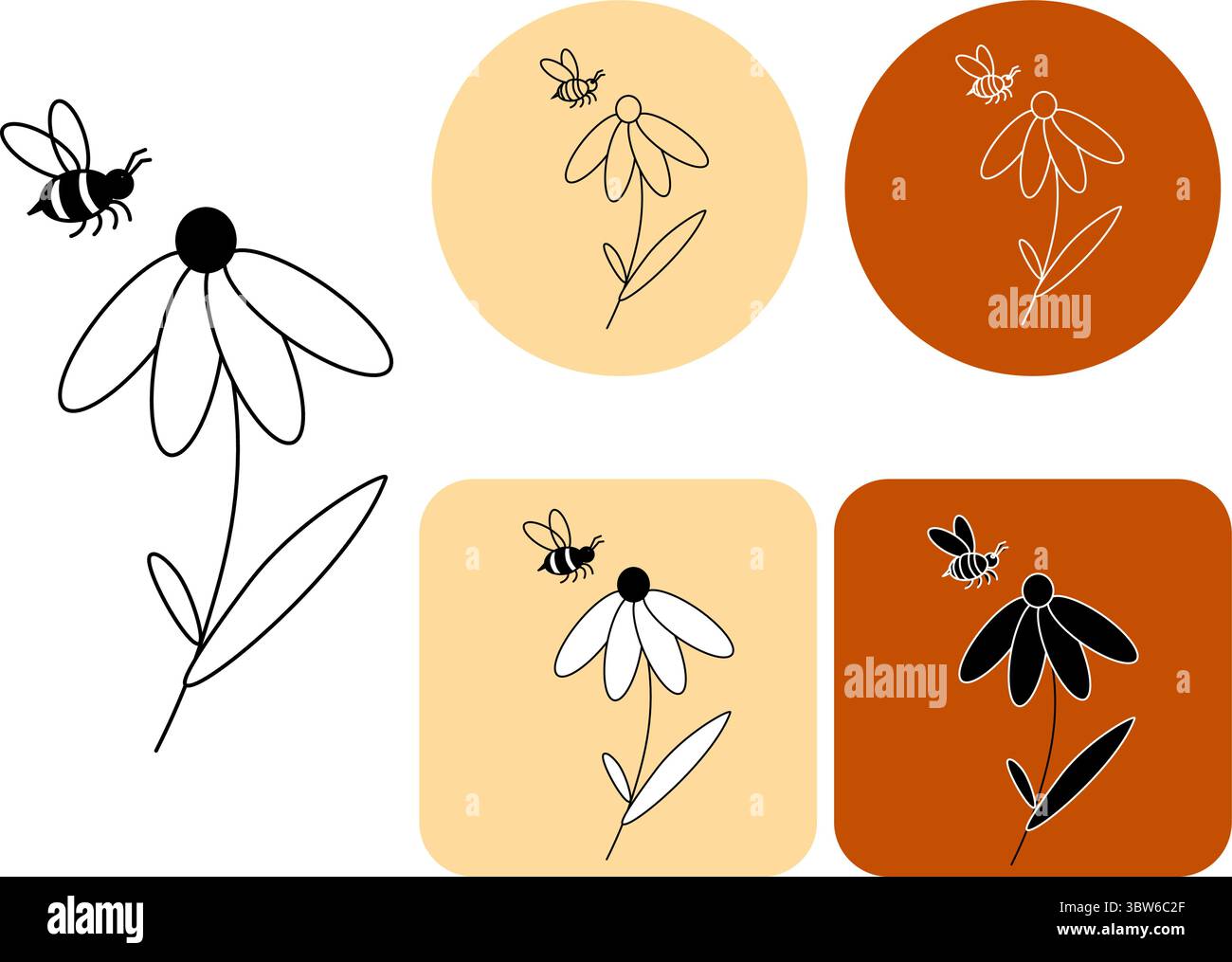 Api su un logotipo di fiore. Illustrazione della linea grafica vettoriale. Firma silhouette per logo, stampa, fumetti, moda, pop art, tavole, design, adesivi, decorazioni Illustrazione Vettoriale
