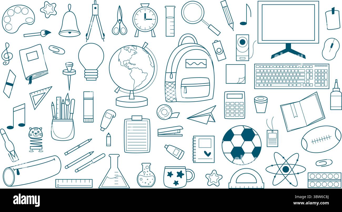 Scolaro, studente, allievo di cancelleria, set di schizzi per scarabocchi. Collezione disegnata a mano per lo studio, tra cui computer, globo, libri, zaino, sfera Illustrazione Vettoriale