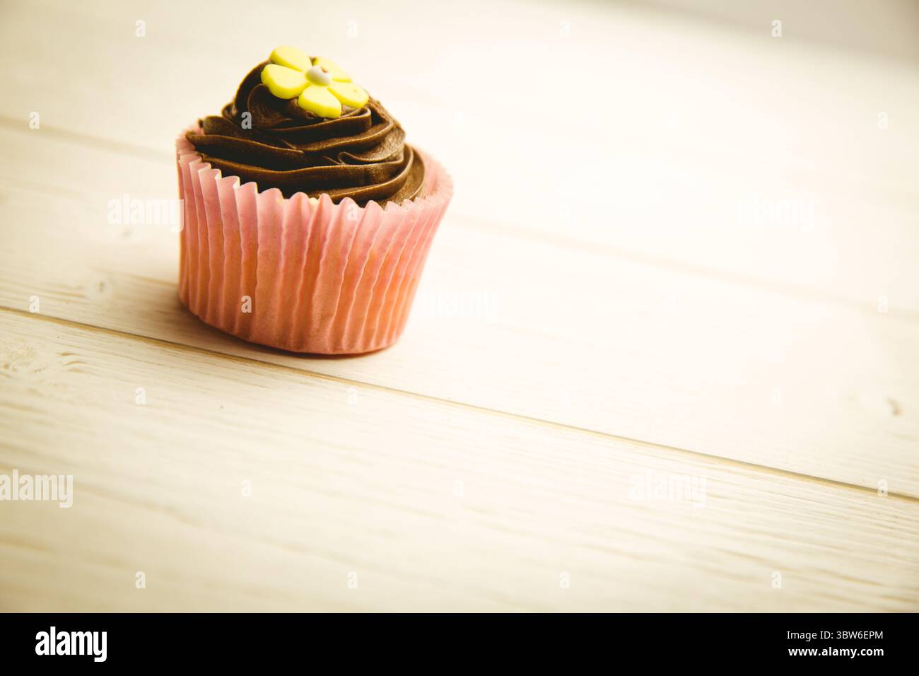 Il cupcake poggia su un tavolo di legno pallido dal design piatto, con turbolenza al cioccolato e fiori gialli Foto Stock