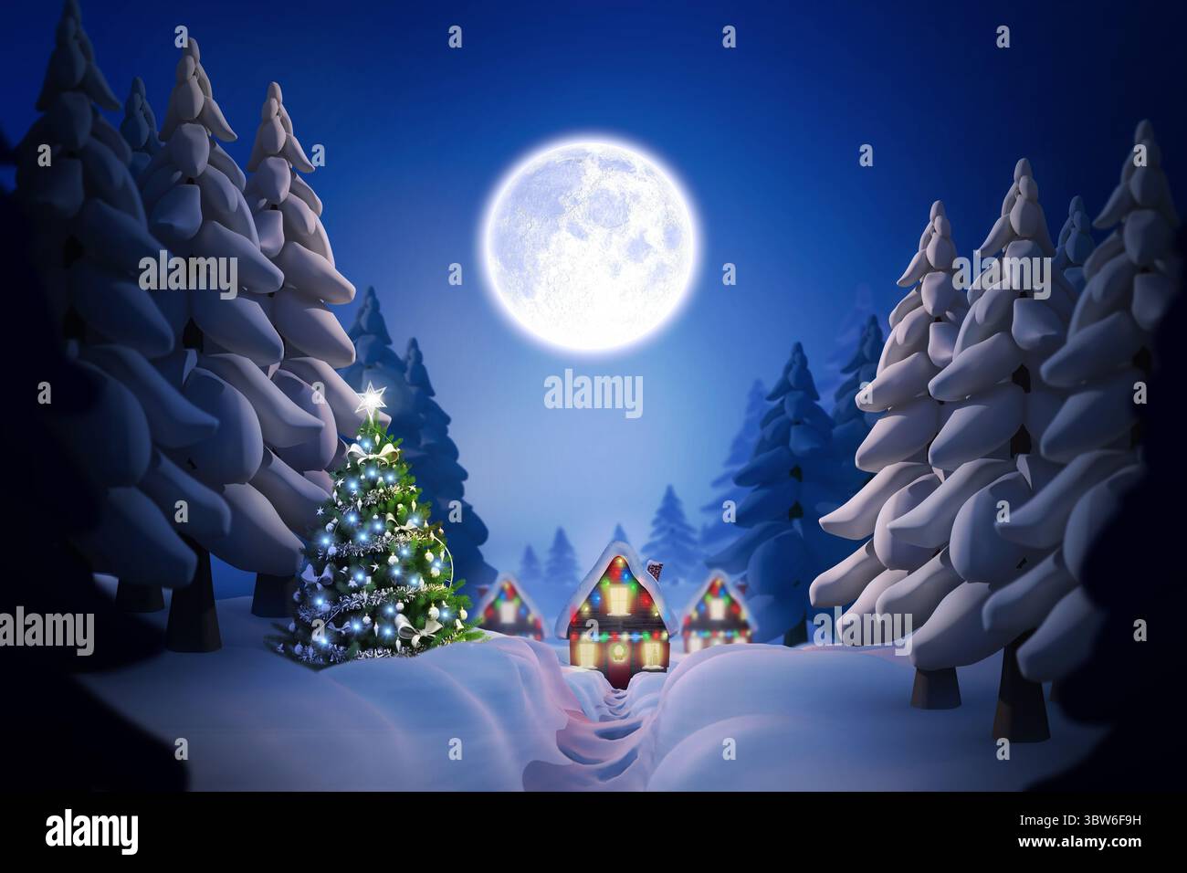 Un albero decorato di Natale dal design piatto e luminoso tra i pini che si snodano lungo il sentiero che porta ai cottage illuminati sotto la luna Foto Stock