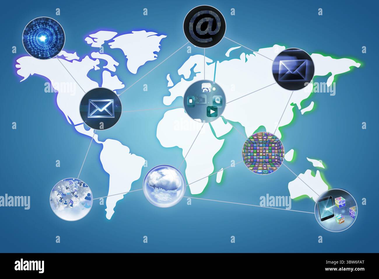 La connettività di rete globale viene visualizzata su un design piatto con gradiente blu con mappa del mondo e nodi icona Foto Stock