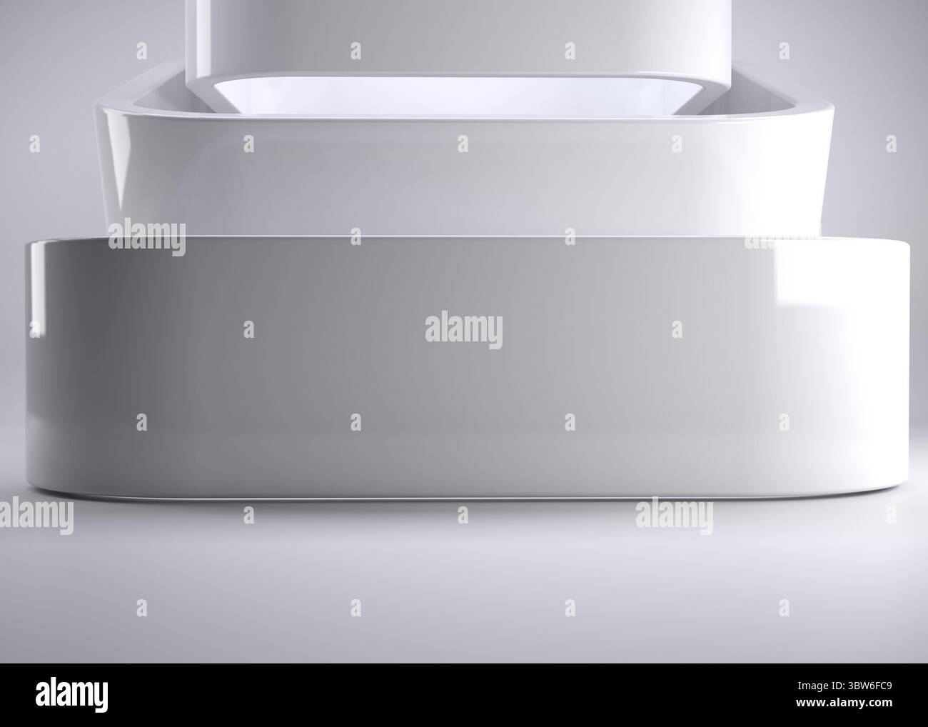 Le forme geometriche bianche sovrapposte vengono visualizzate nella scena studio di rendering 3D con sfondo grigio uniforme Foto Stock