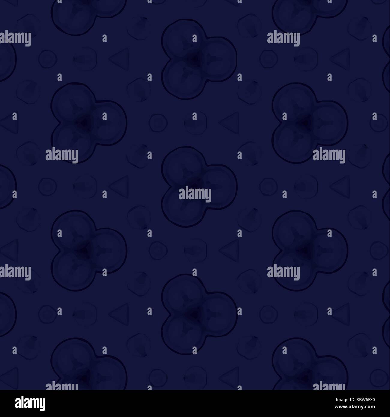 Il motivo blu scuro senza cuciture è caratterizzato da motivi a tre lobi con forme a forma di buco a forma di buco a forma di triangoli circolari Foto Stock