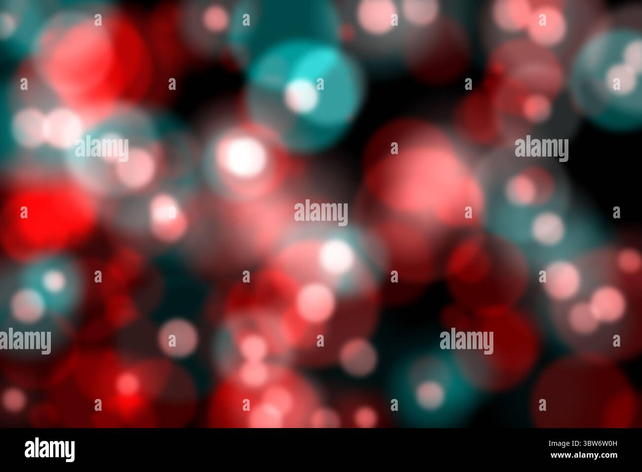 Le luci rosse e turchesi si sovrappongono appaiono con un design piatto bokeh astratto su sfondo scuro Foto Stock