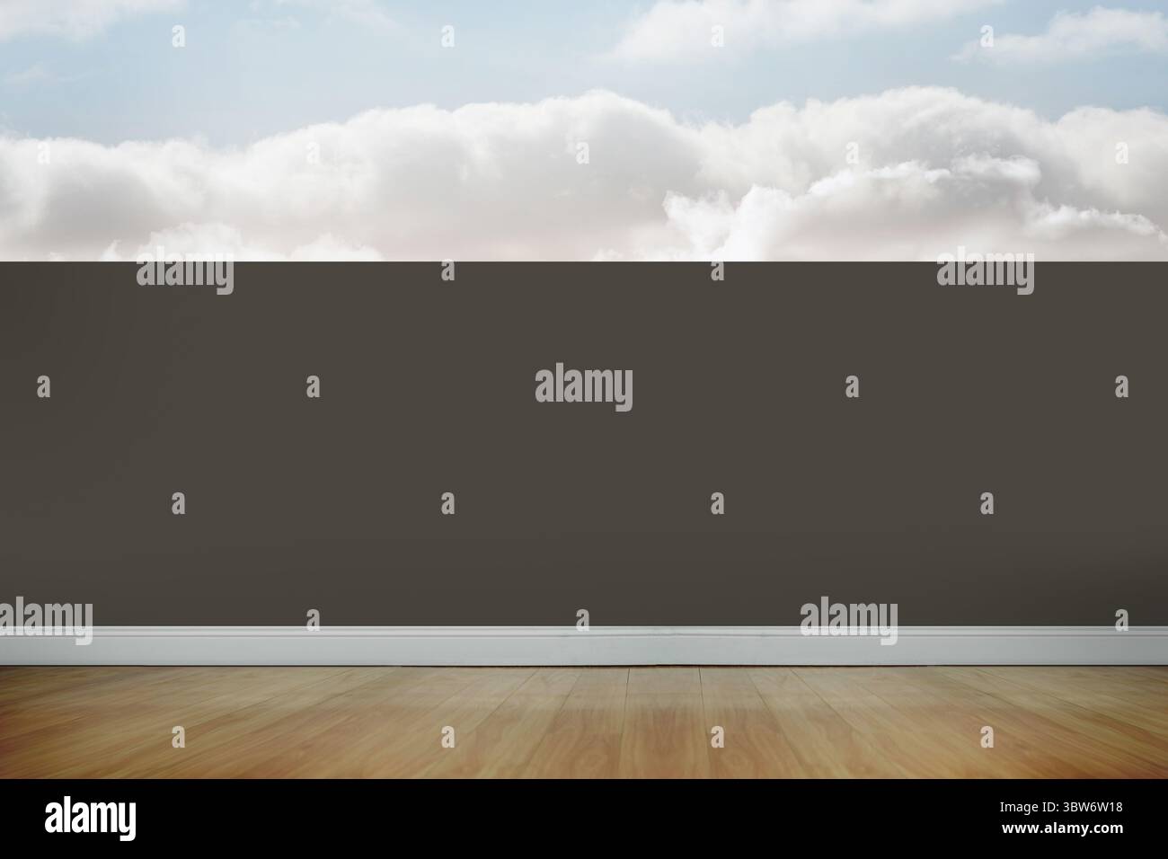 Il pannello a parete grigio scuro si estende al centro con un design piatto che mostra pavimento in legno, basamento e cielo nuvoloso Foto Stock Il pannello a parete grigio scuro si estende al centro con un design piatto che mostra pavimento in legno, basamento e cielo nuvoloso Foto Stock