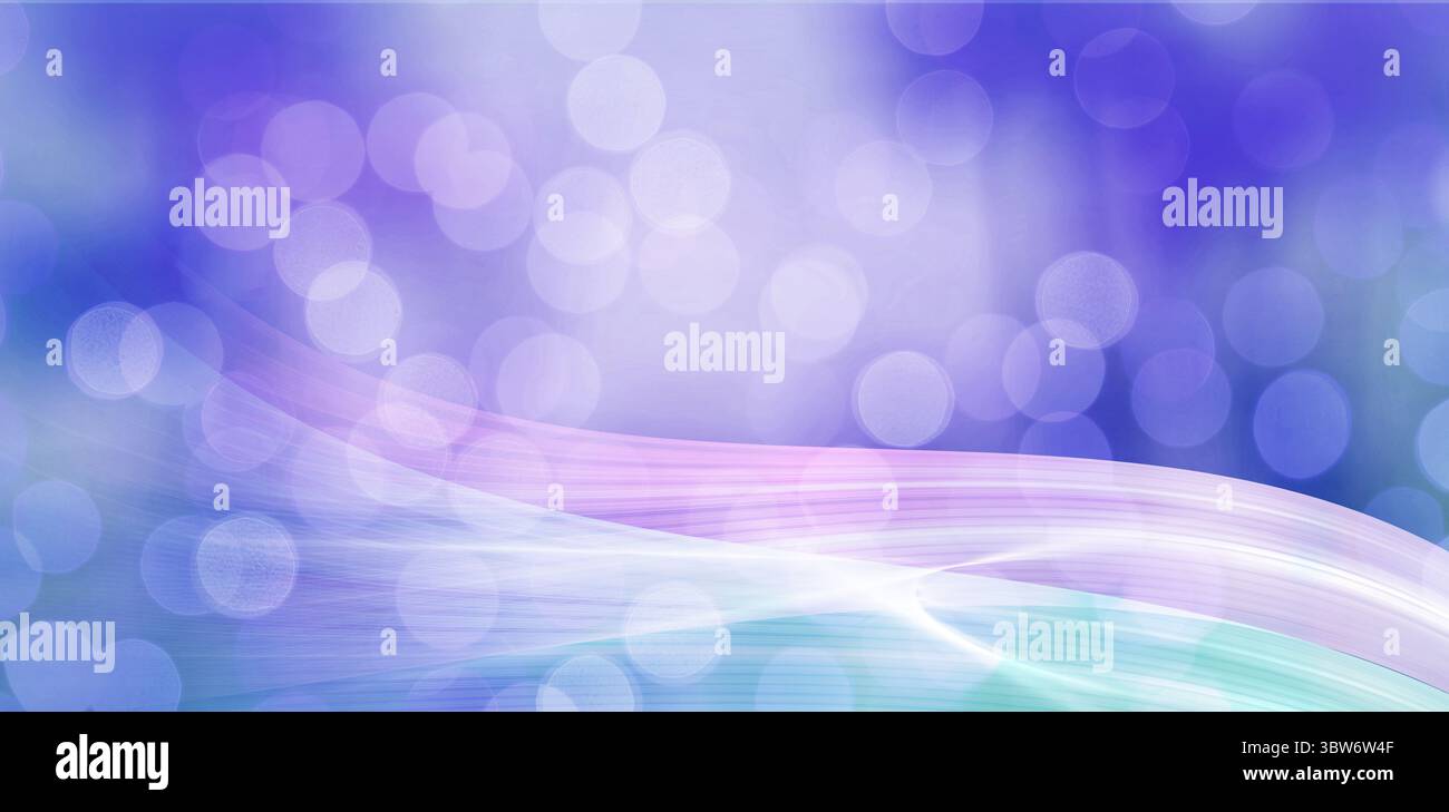 Il design astratto mostra luci bokeh viola e blu sovrapposte nell'arte digitale con onde pastello Foto Stock