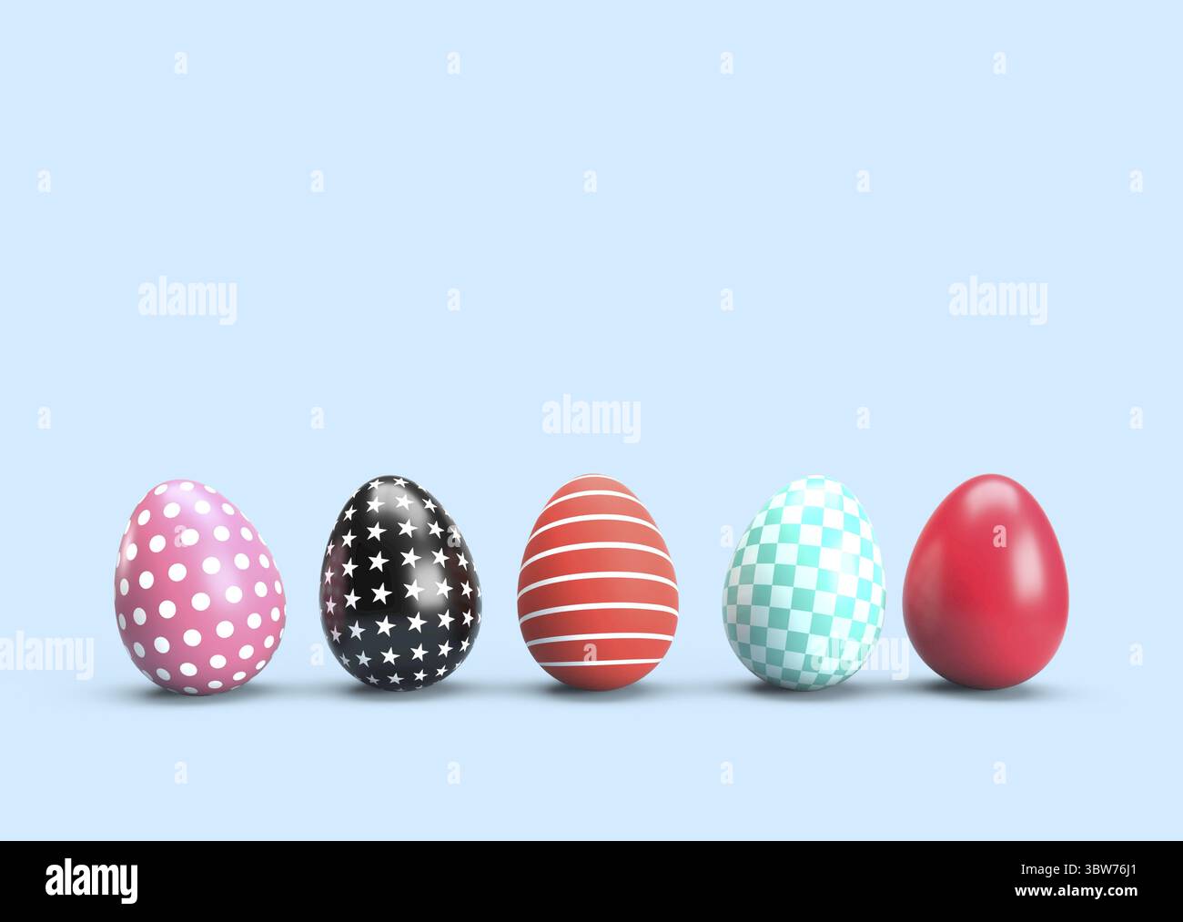 Verniciato colorato le uova di Pasqua su pavimenti blu sullo sfondo. Vacanza Festival e concetto. Stella di punto e linea pattern di fantasia arte. 3D illustrazione con copia Foto Stock