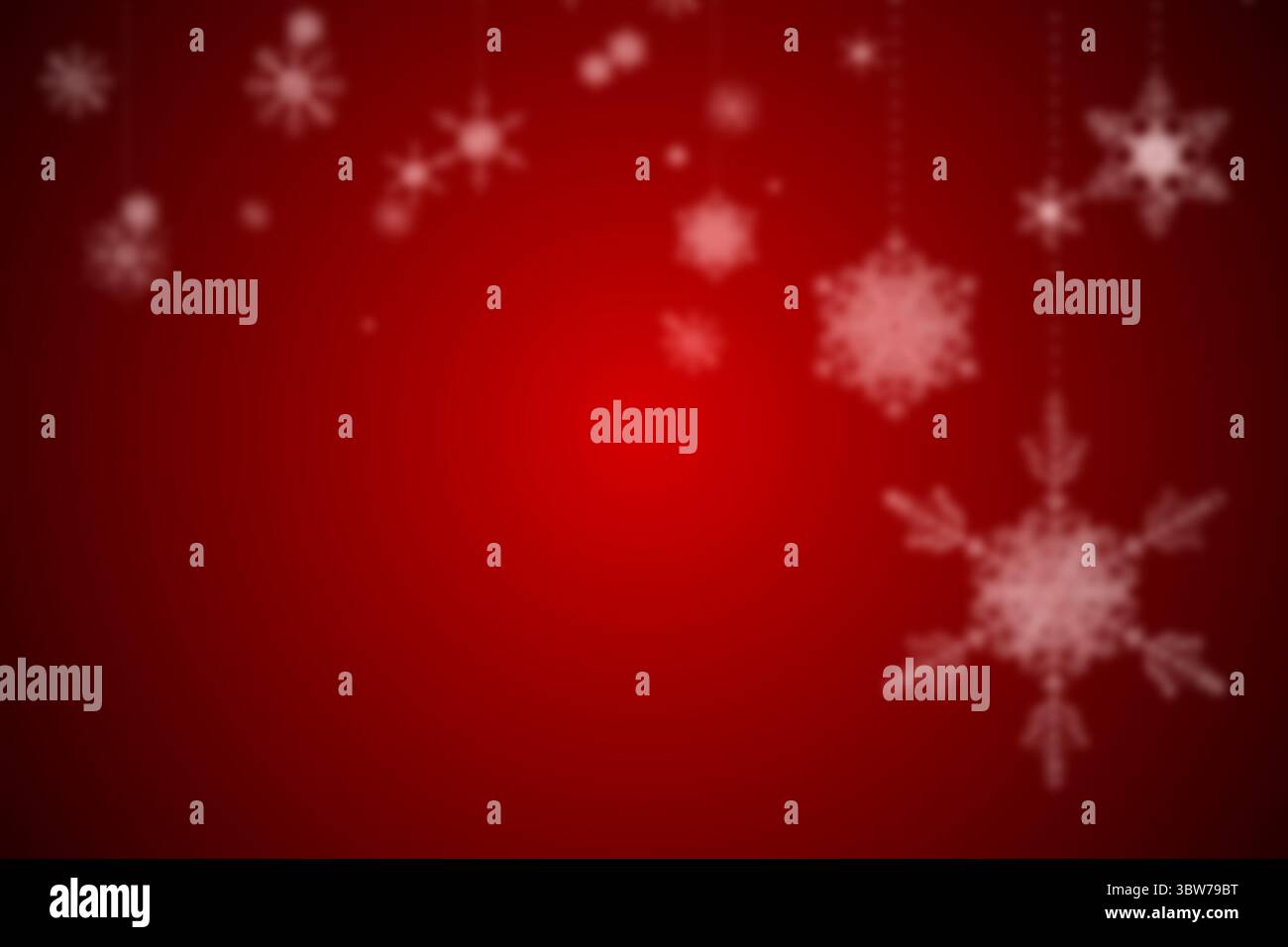 Un gruppo di fiocchi di neve di colore bianco medio con luci soffuse è appeso su sfondo sfumato rosso in stile piatto Foto Stock
