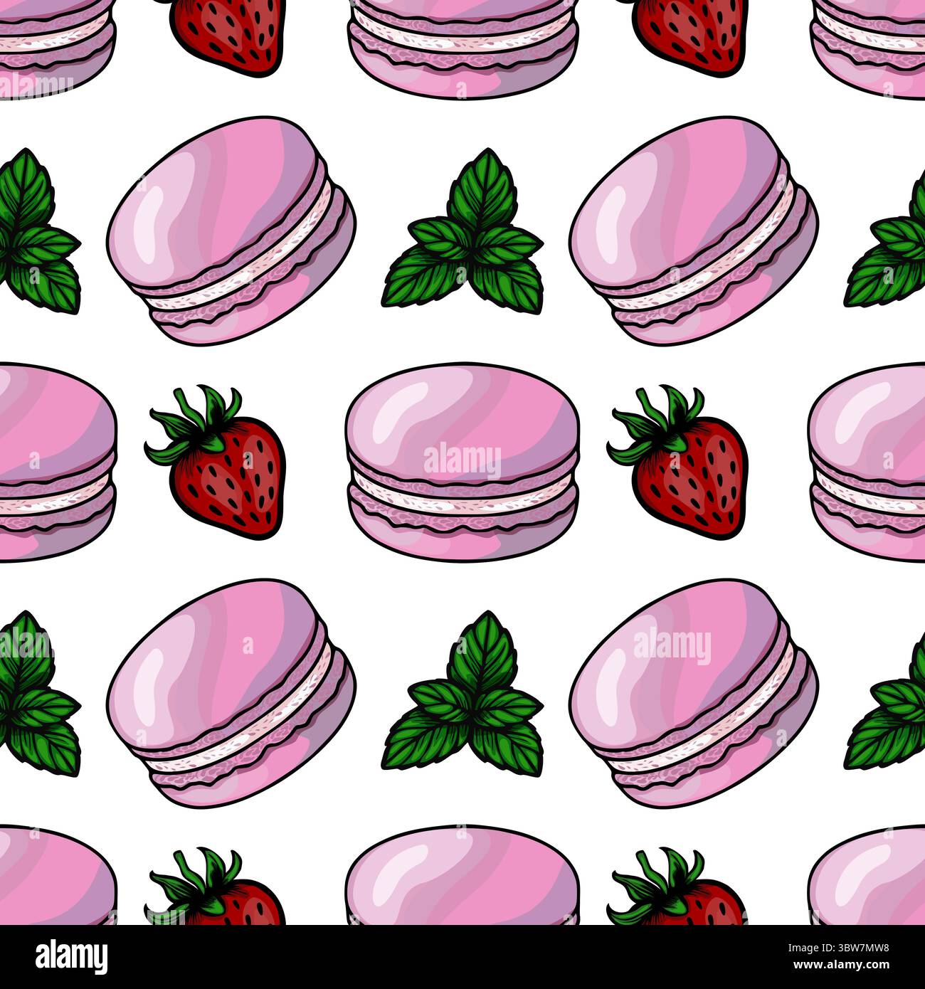Motivo vettoriale senza cuciture di macaron rosa, fragole e foglie di menta, una deliziosa illustrazione per progetti di design per alimenti dolci. Illustrazione Vettoriale