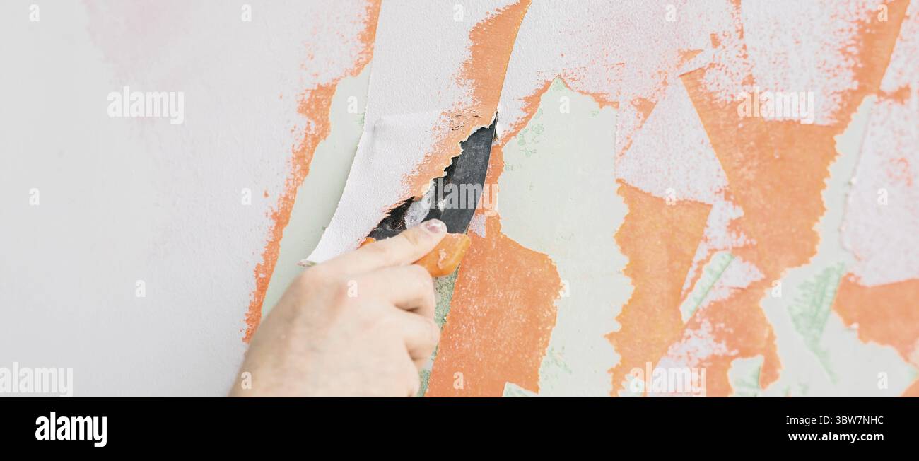 Giovane uomo con spatola e intonacatura di parete con stucco bianco fresco di finitura. Primo piano. Lavori di riparazione di casa. Spazio vuoto per il testo. Vista laterale Foto Stock