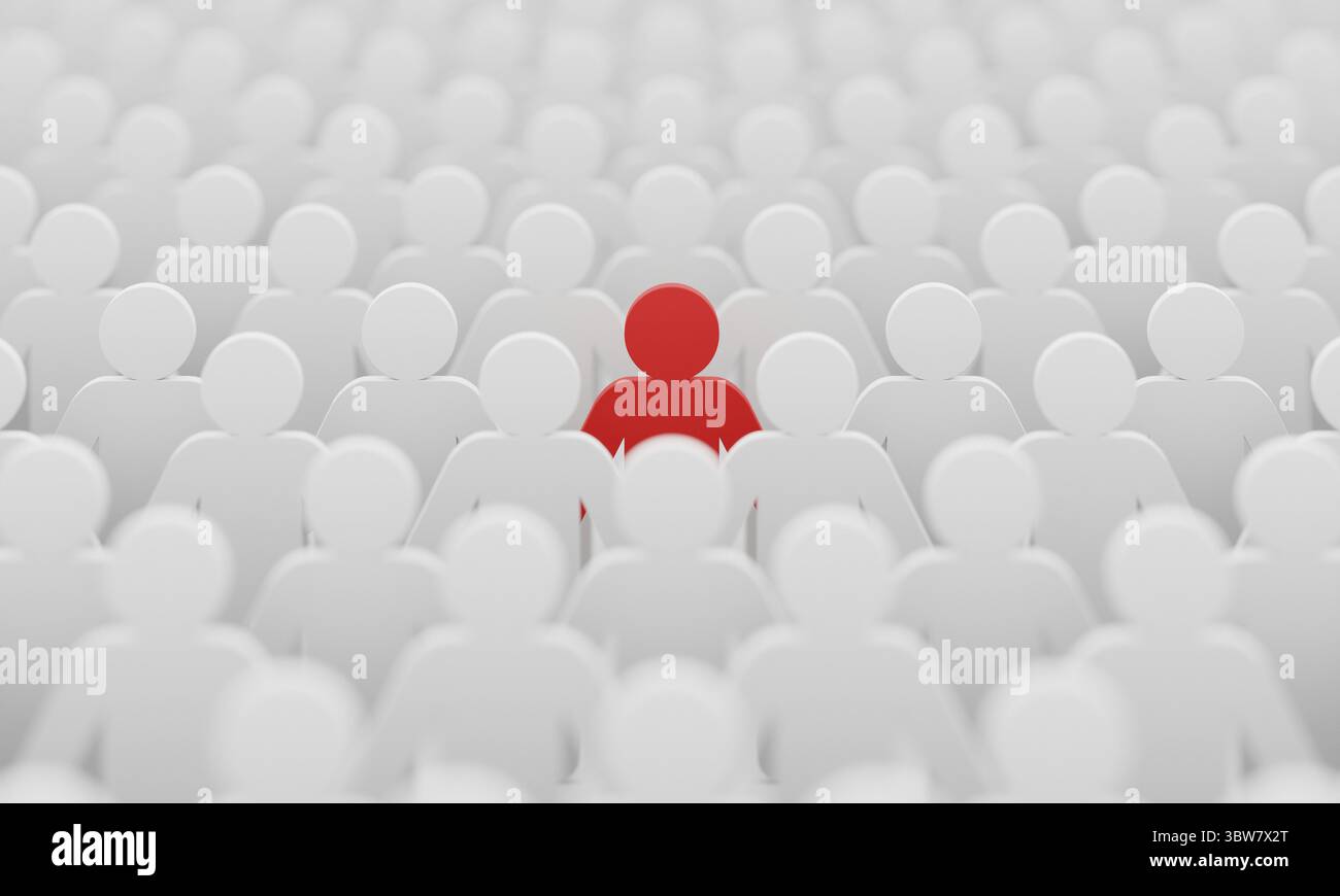 Rosso uomo colore figurine tra folla bianco uomini gente sfondo. Stile di vita sociale e concorrenza di affari e concetto di persona strano. Carattere umano Foto Stock