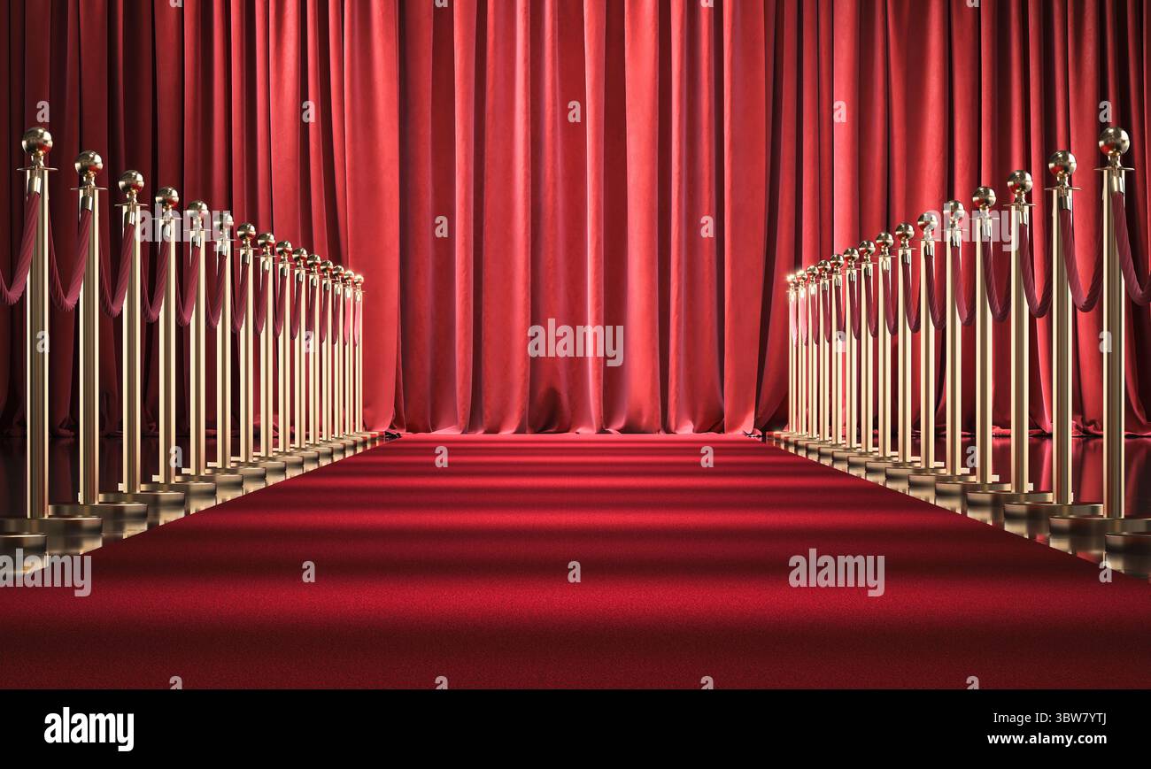 Tappeto rosso che porta alla tenda chiusa del palcoscenico con montanti dorati 3d. Foto Stock