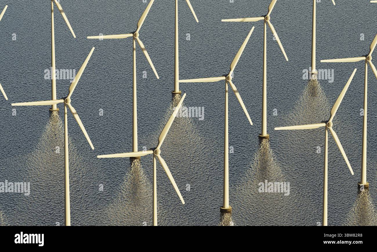Turbine eoliche che girano per generare elettricità per le famiglie in mare come centrale elettrica rinnovabile. Concetto di energia pulita e sostenibile. 3D illustrazione r Foto Stock