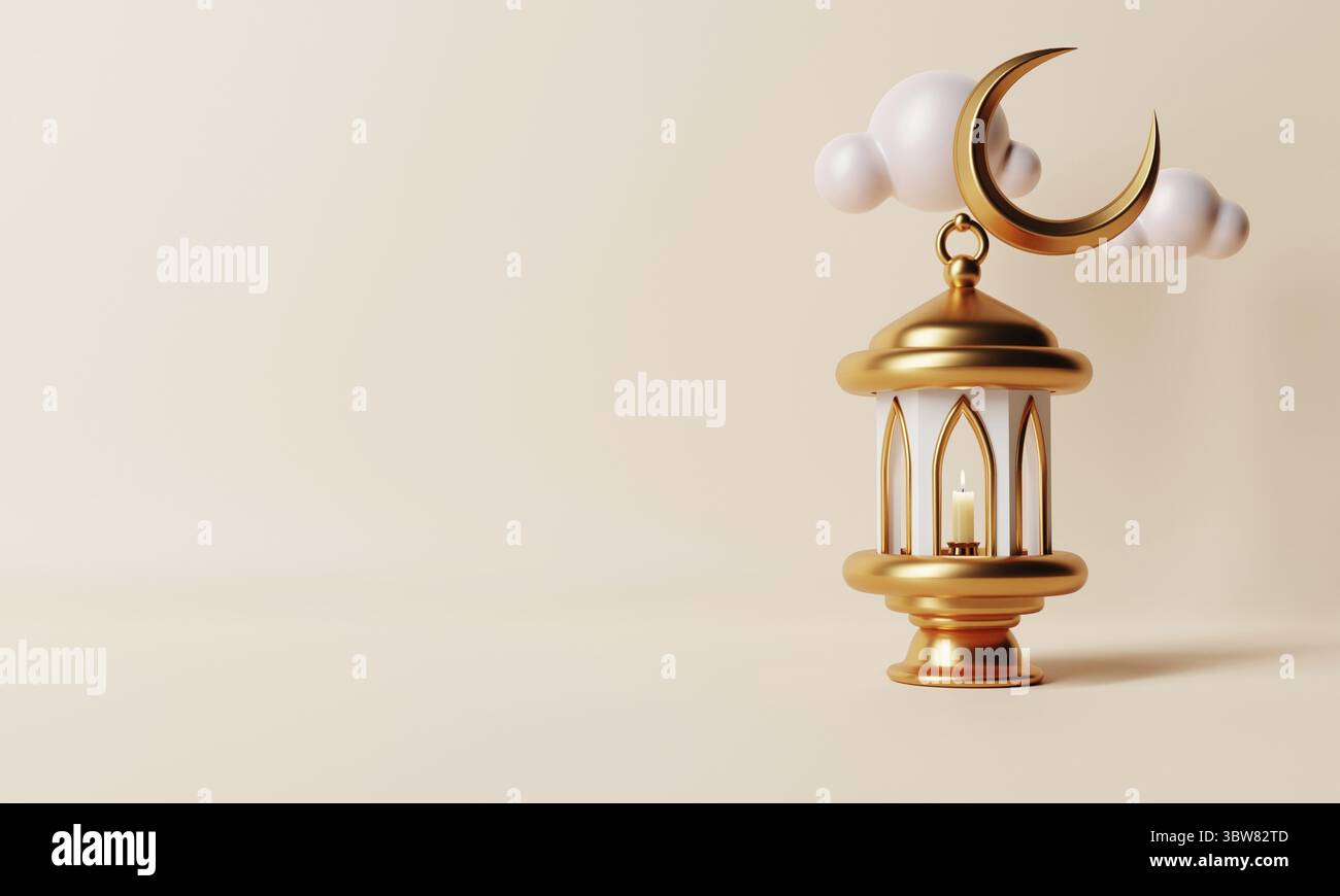 Lanterna Islamica con luna crescente e nuvola lowpoly minima su sfondo di colore corallo. Ramadan Kareem e il concetto di Eid Mubarak. 3D rappresentazione dell'illustrazione Foto Stock