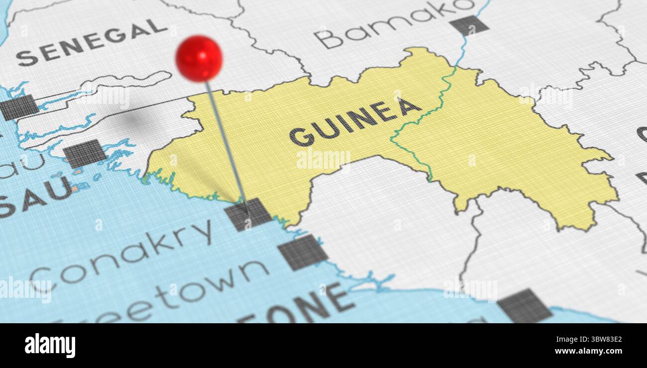 Guinea, Conakry - premere il pin sulla mappa politica - illustrazione 3D. Foto Stock
