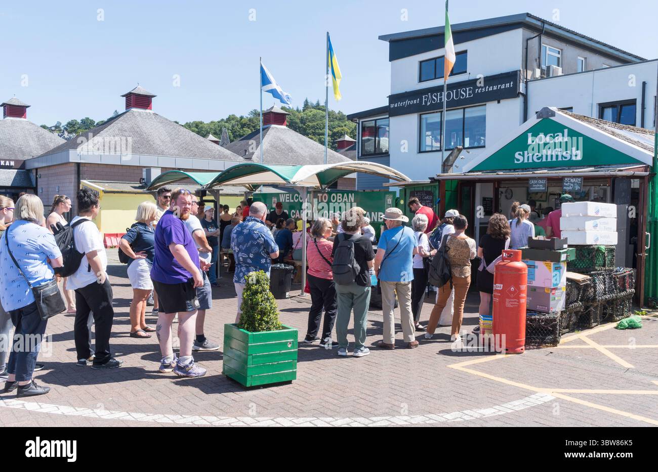 Gente in fila per comprare molluschi a Oban, Scozia, Regno Unito Foto Stock