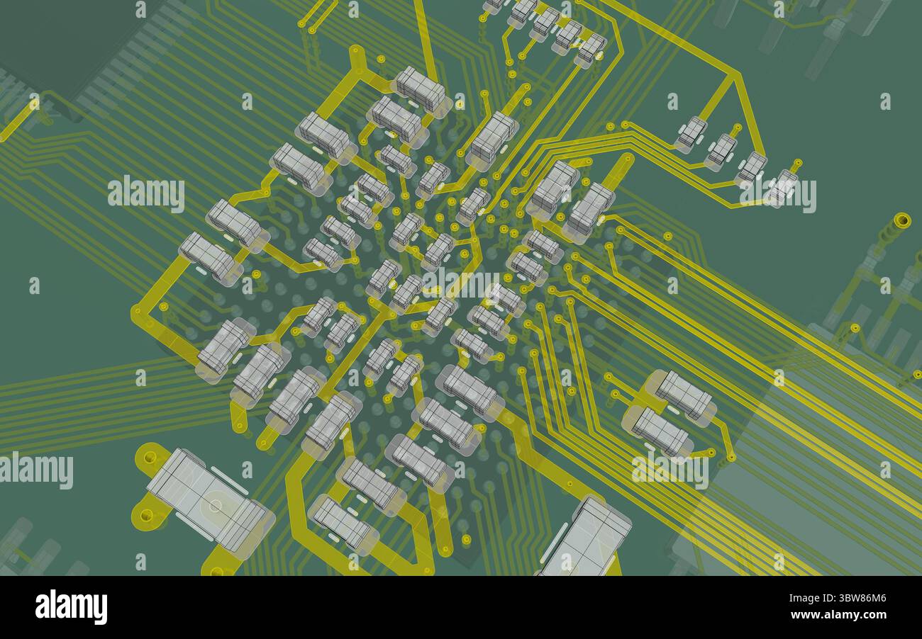 Rendering CAD 3D di un circuito stampato multistrato che mostra l'instradamento del chip BGA, le tracce del segnale e i condensatori di disaccoppiamento utilizzati nella moderna progettazione di circuiti elettronici Foto Stock