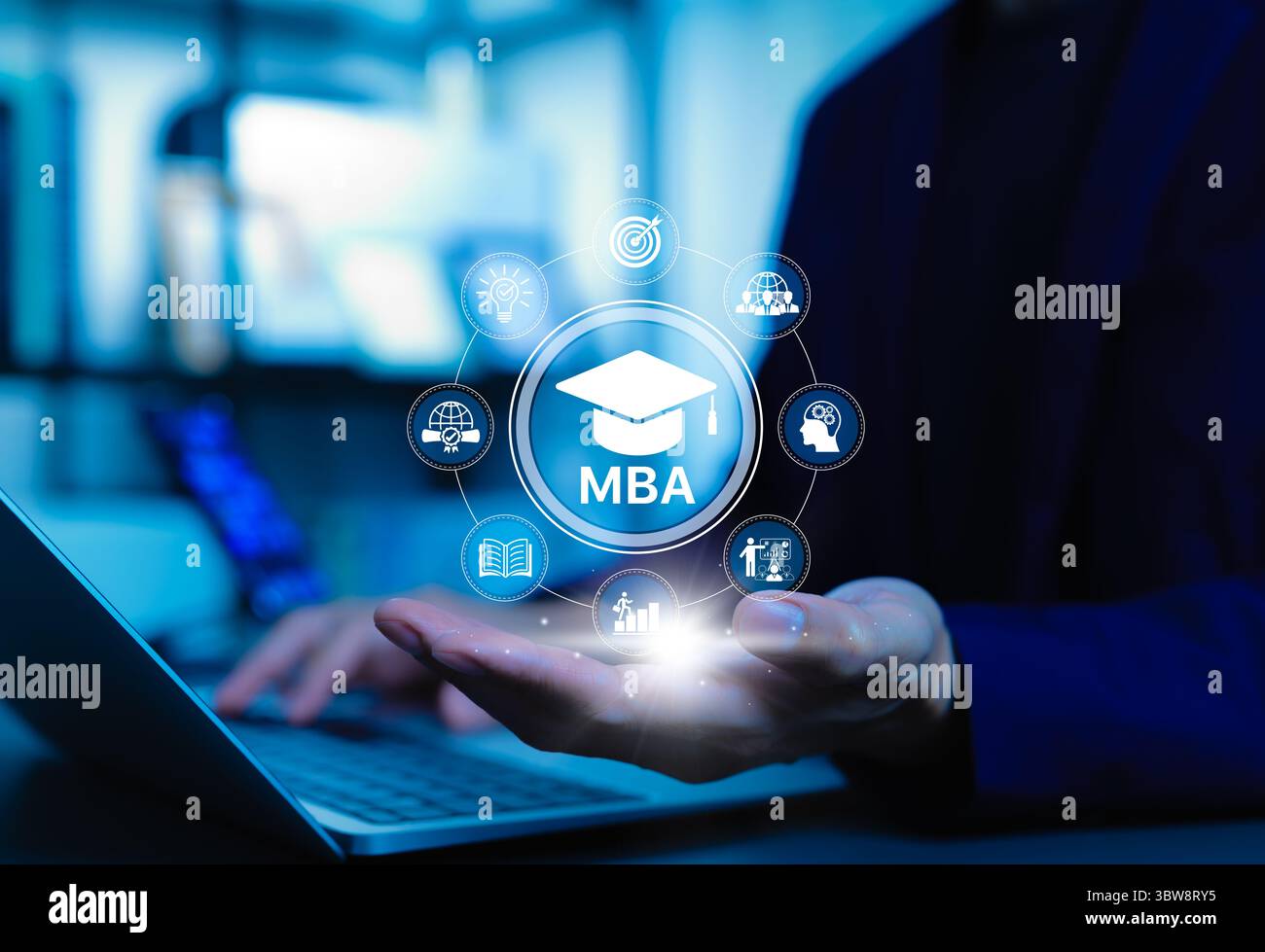 MBA, Master of Business Administration Education Concept. Icone MBA, limite di laurea, grafico di crescita e simbolo commerciale, che rappresenta l'istruzione superiore, Foto Stock