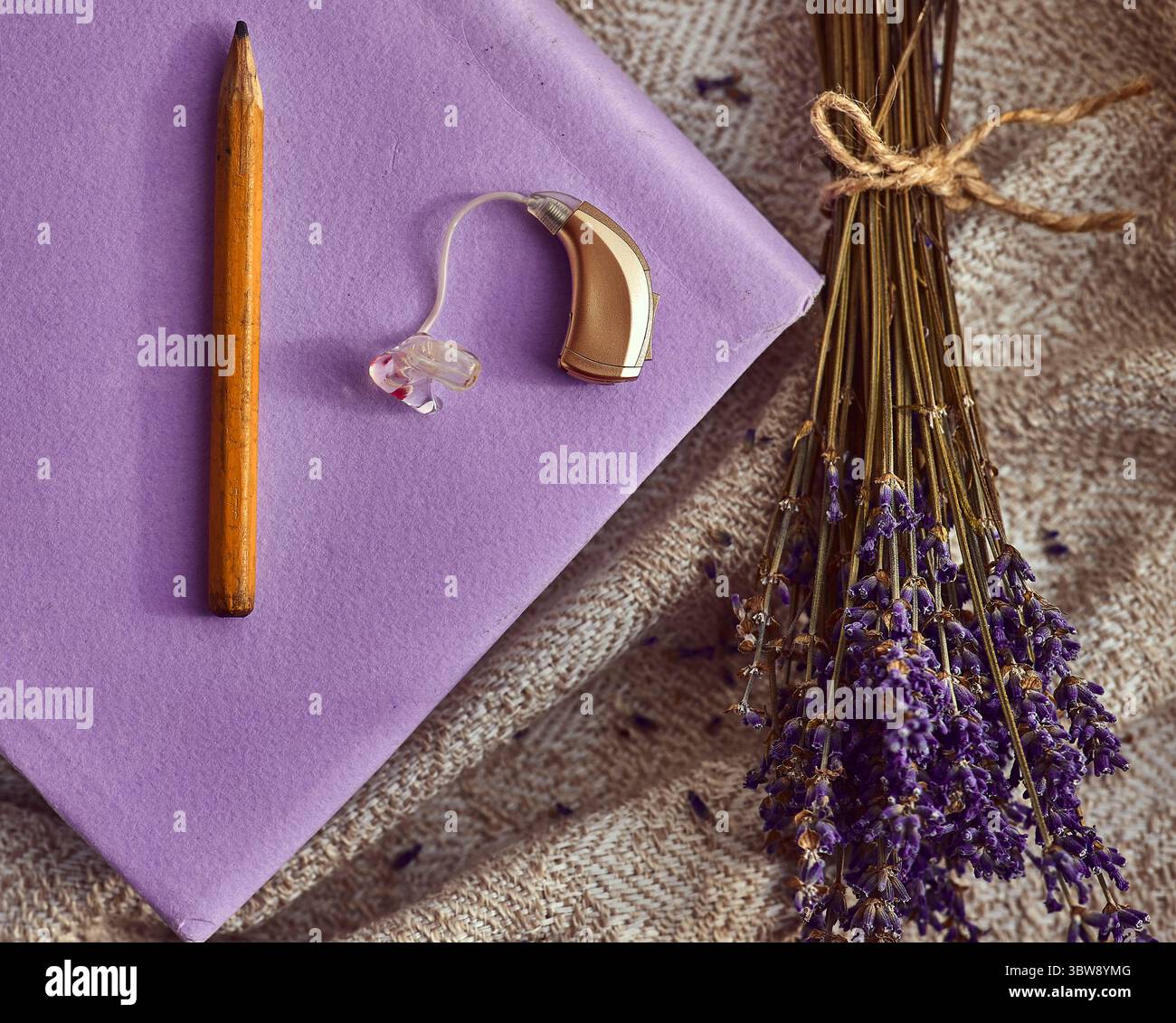 L'apparecchio acustico BTE poggia accanto a una matita e la lavanda secca su superfici morbide, simboleggiando la cura e la guarigione uditiva Foto Stock