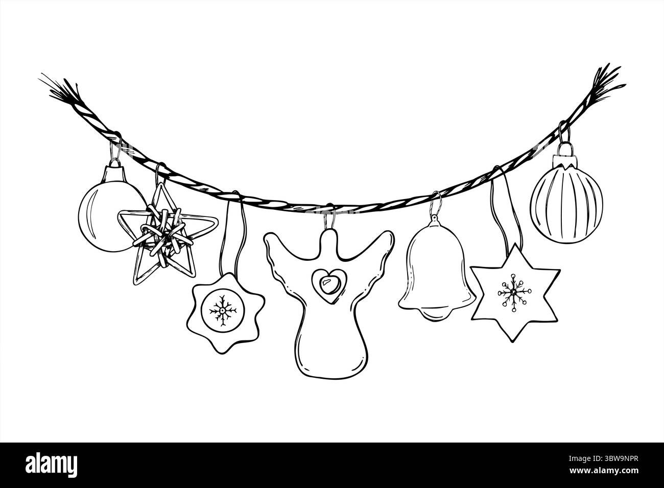 Decorazioni natalizie scandinave appese su una corda intrecciata, illustrazione vettoriale bianca e nera. Disegno con incisione di palline naturali fatte a mano, campana, angelo Illustrazione Vettoriale