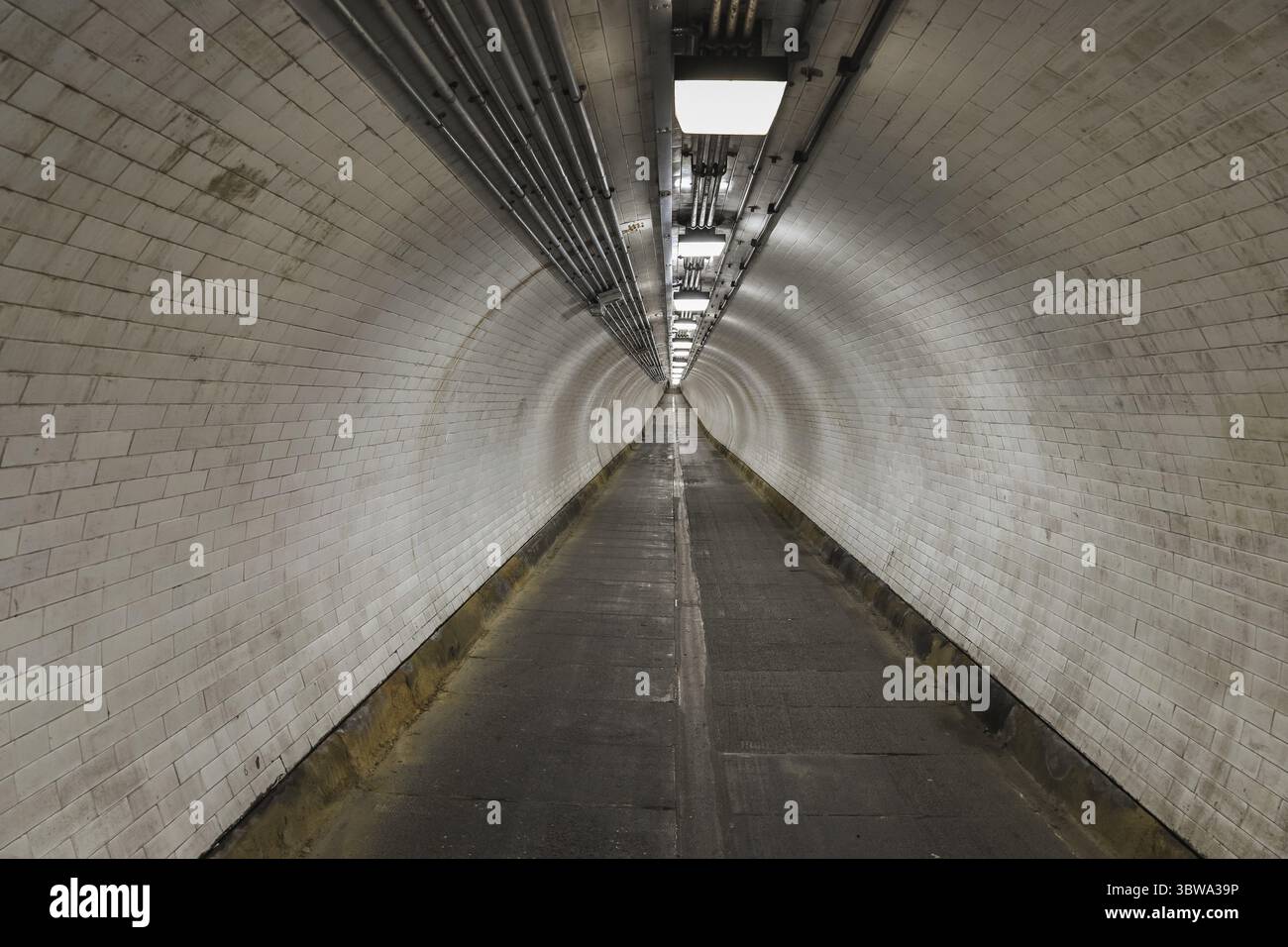 Una vista prospettica di un lungo tunnel sotterraneo con pareti piastrellate bianche e illuminazione dall'alto. I tubi industriali corrono lungo il soffitto, migliorando il mi Foto Stock