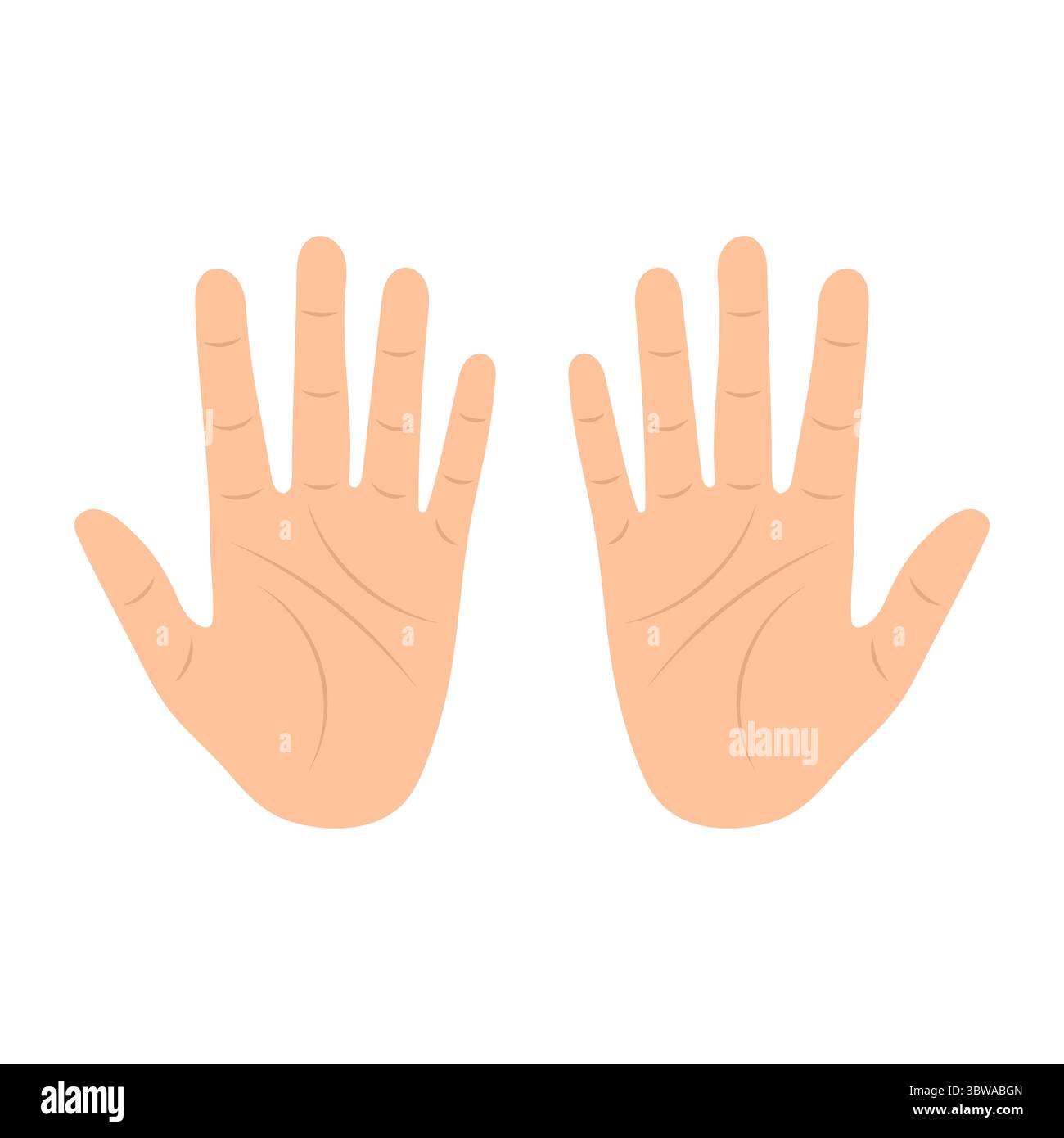 Cartone animato mani umane illumina l'illustrazione. Mani sinistra e destra con linee visibili del palmo, dita completamente estese e pollici distanziati. Illustrazione Vettoriale