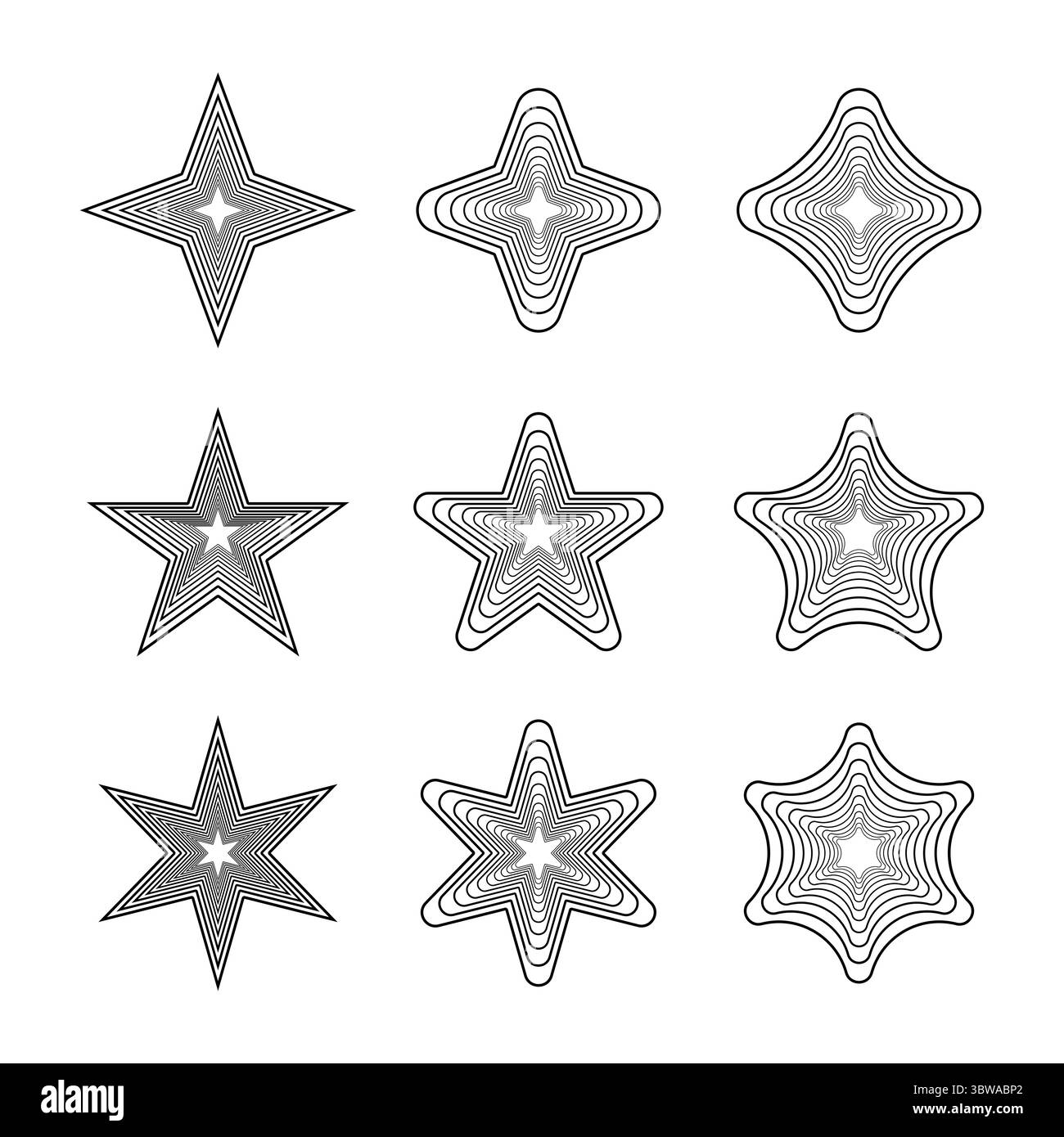 Serie di figure vettoriali geometriche a forma di stella. Un set di nove forme geometriche a stella progettate con motivi di linea concentrici. Illustrazione Vettoriale