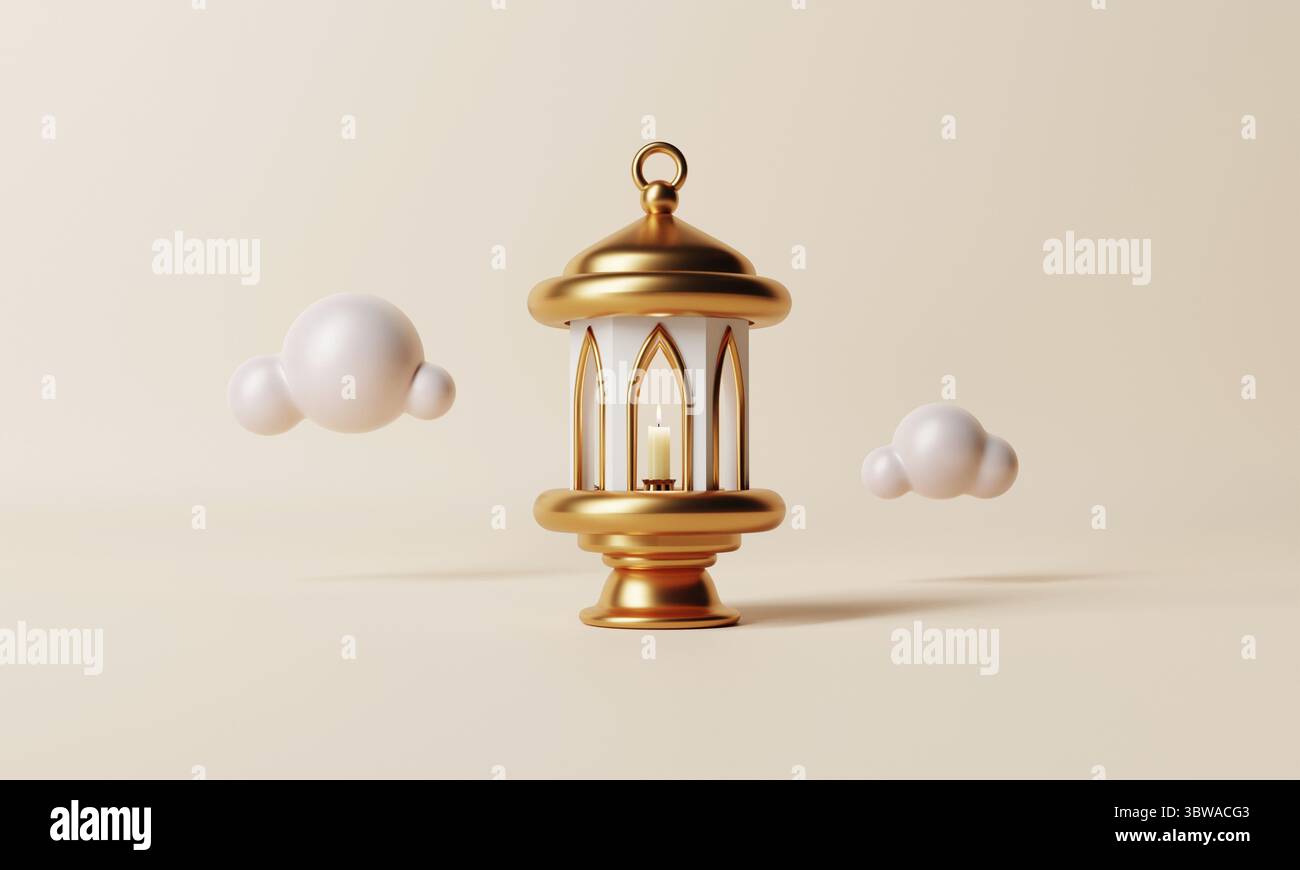 Lanterna islamica con nuvola di polypoly minima su sfondo di colore corallo. Ramadan Kareem e il concetto di Eid Mubarak. 3D rendering dell'illustrazione Foto Stock